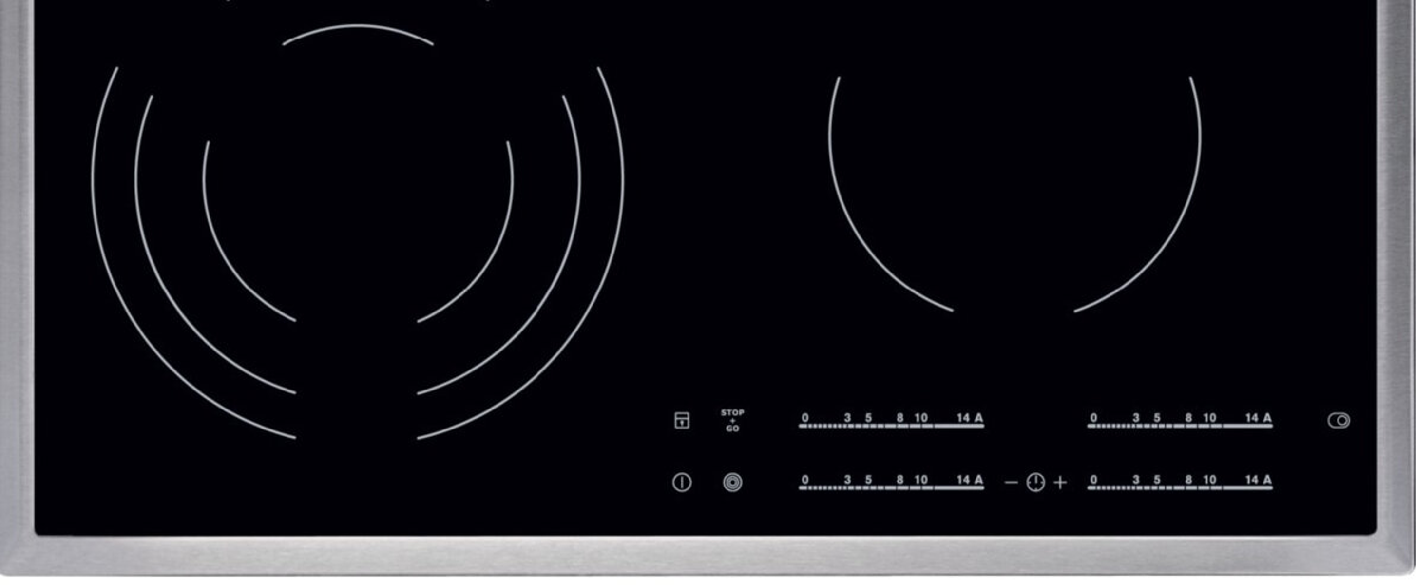 Czarna płyta grzejna z dwiema okrągłymi strefami gotowania i elementami sterowania dotykowego, ze stalową ramą.