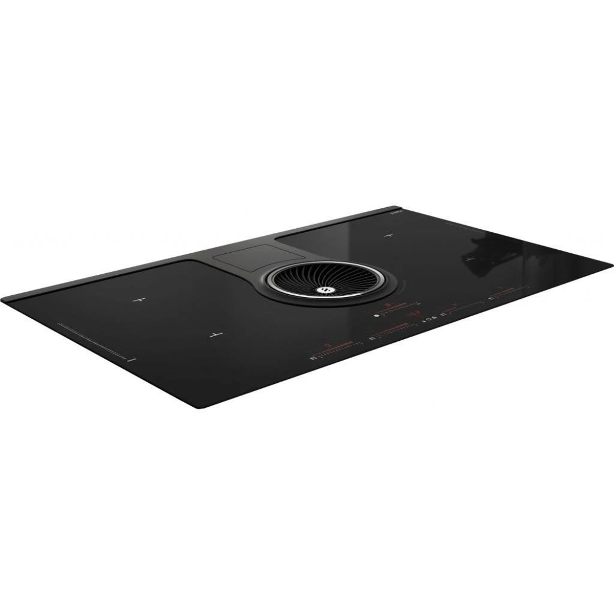 Un piano cottura nero con cappa integrata. Luci rosse e comandi touch sono visibili.