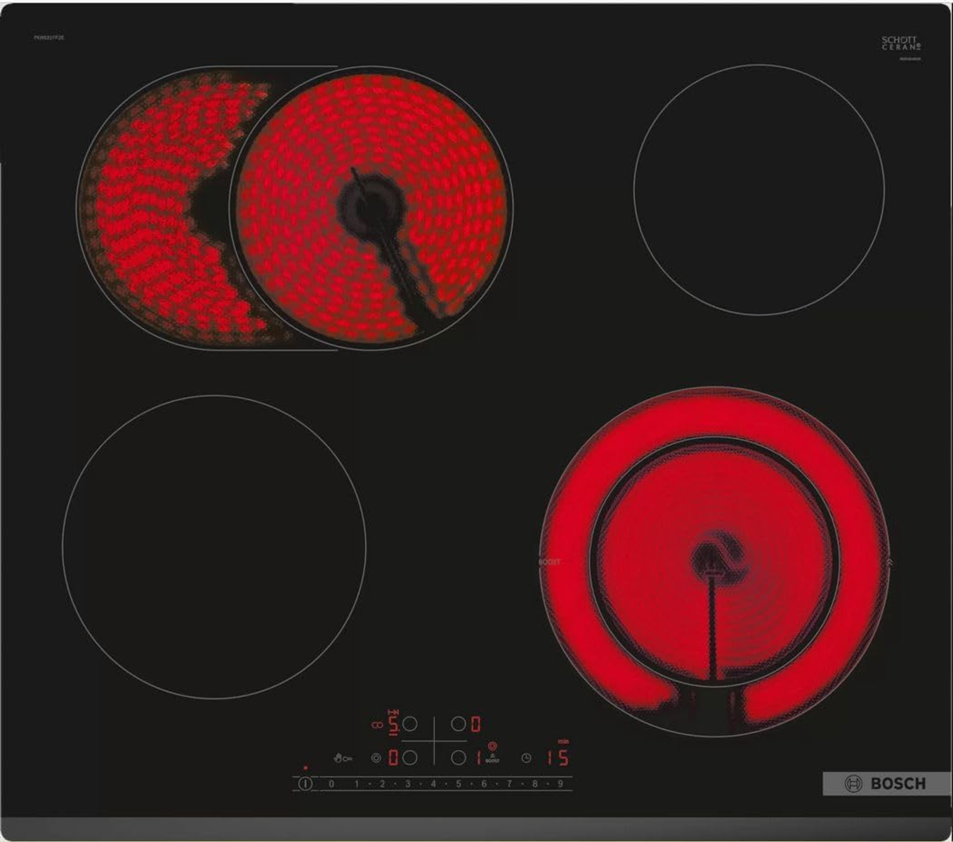 Czarna płyta elektryczna z czterema strefami gotowania, dwie czerwone, i panel sterowania. Marka Bosch.
