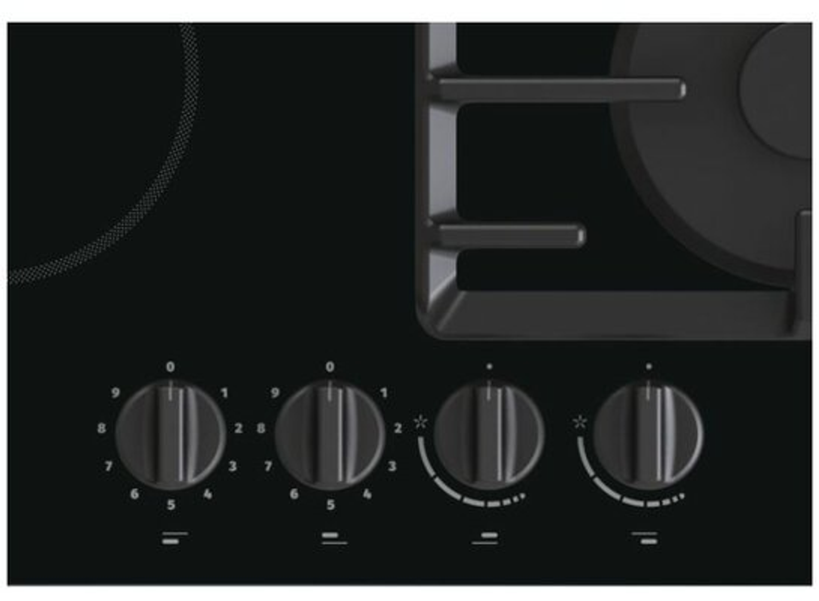 Una placa de cocina negra con mandos. Hay cuatro quemadores circulares. Los mandos están numerados y tienen un símbolo de estrella.