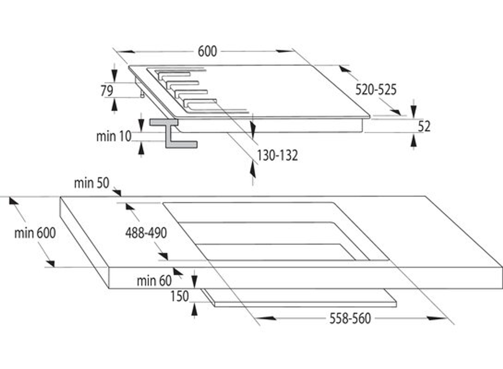 Diagrama de una encimera con dimensiones en milímetros, mostrando vistas superior y lateral.