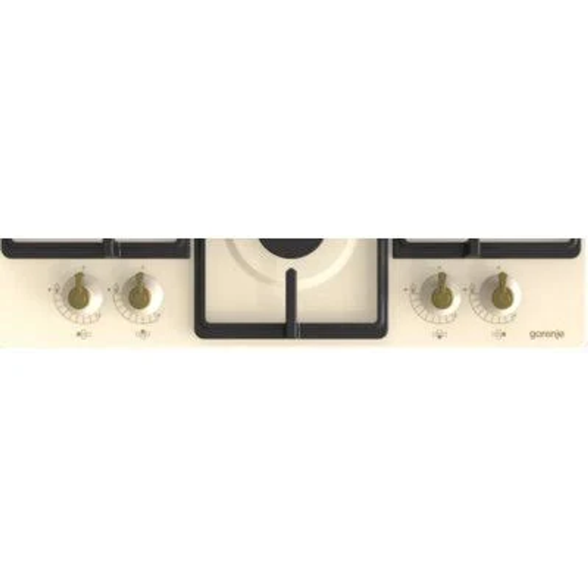 Placa de cocina con tres mandos. Superficie blanca con detalles negros y dorados. Logotipo Gorenje.