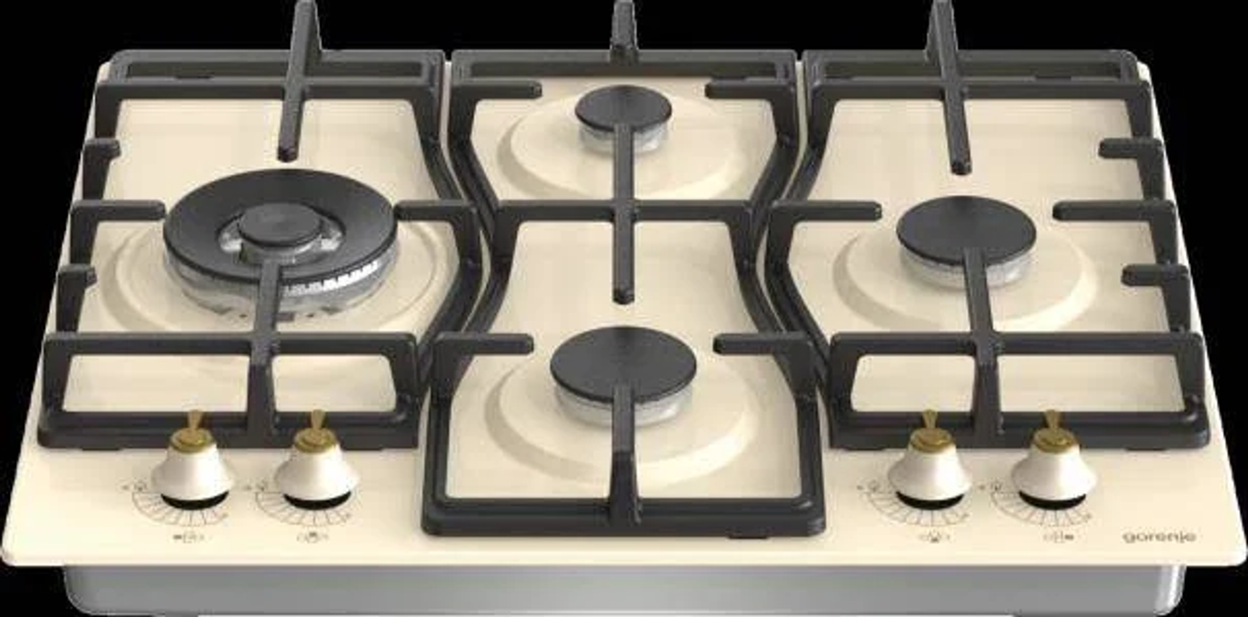 Una placa de color crema con cinco quemadores y rejillas negras, con mandos.
