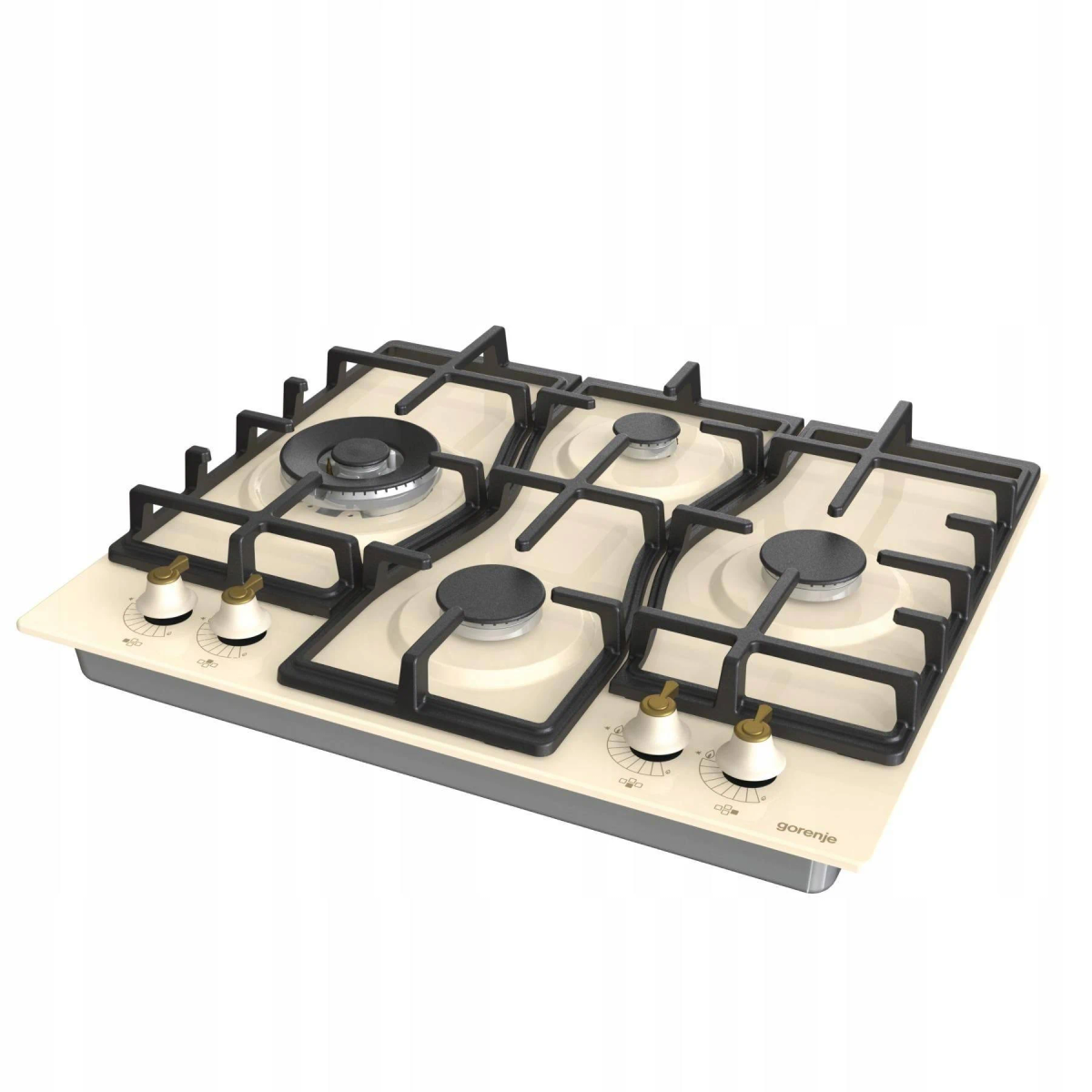 Una placa blanca con 4 quemadores, rejillas negras y mandos plateados. Logotipo Gorenje.
