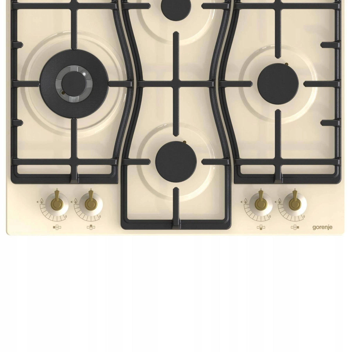 Vista superior de una cocina de gas. Superficie crema, quemadores y rejillas negras, y cuatro mandos de control. Marca Gorenje.