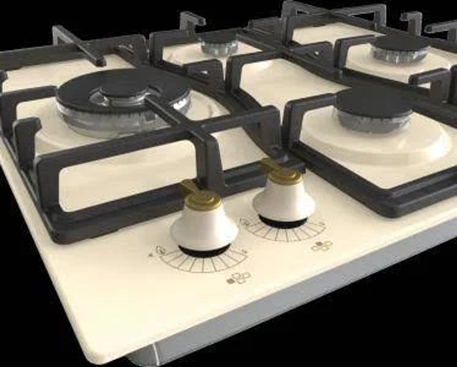 Primer plano de una encimera de gas blanca con quemadores y mandos negros, y marco acero inox.