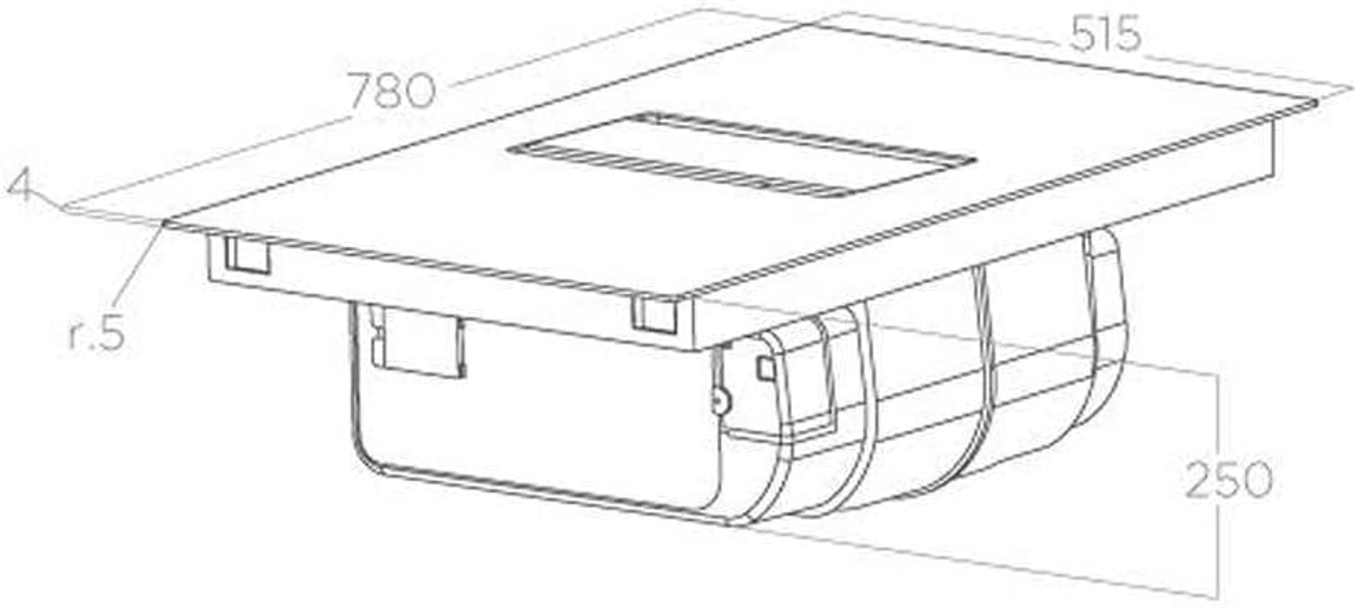 Widok izometryczny urządzenia pokazujący wymiary i prostokątny otwór.