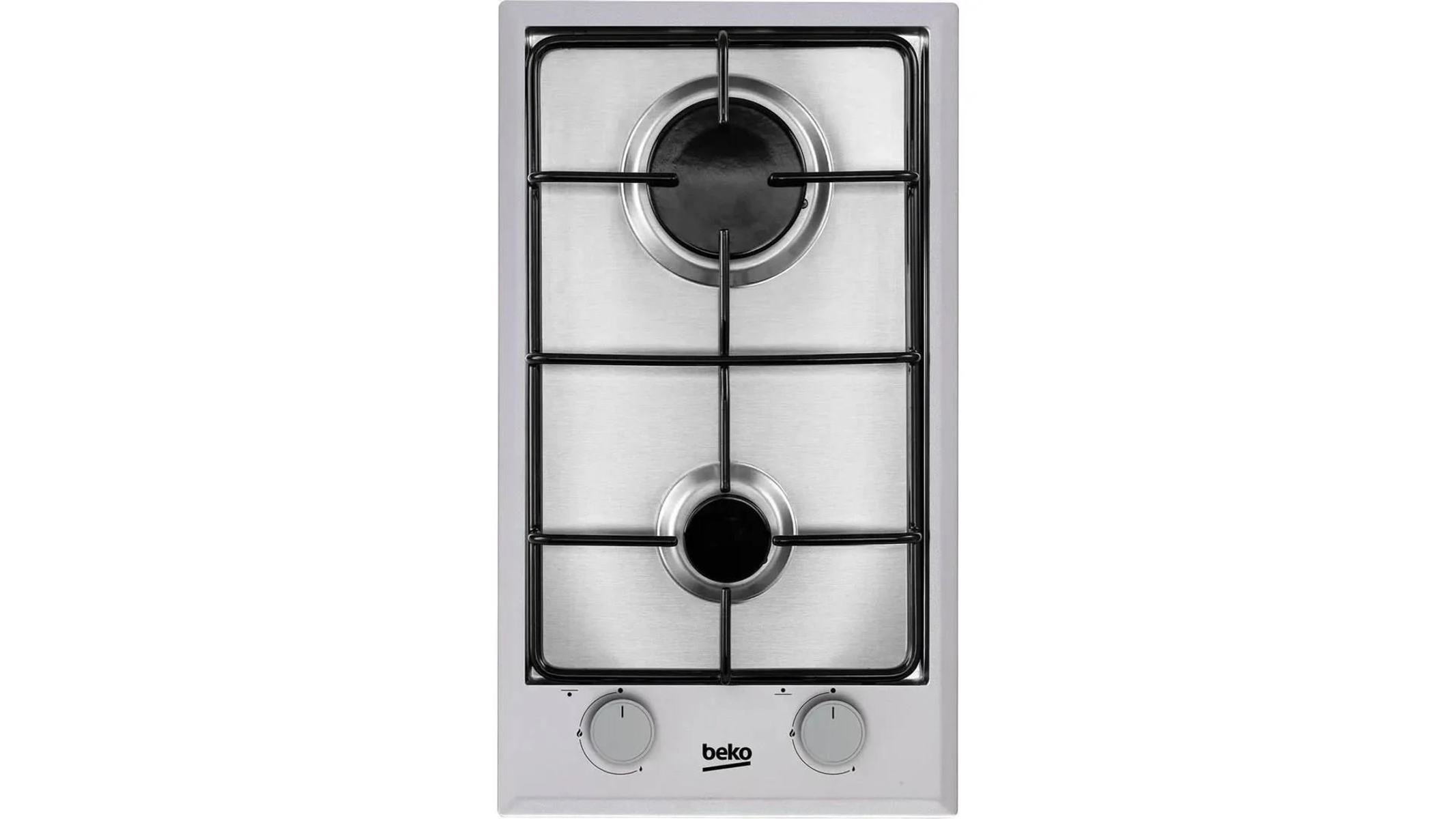 Una placa Beko negra y plateada. Dos quemadores y dos mandos de control son visibles.