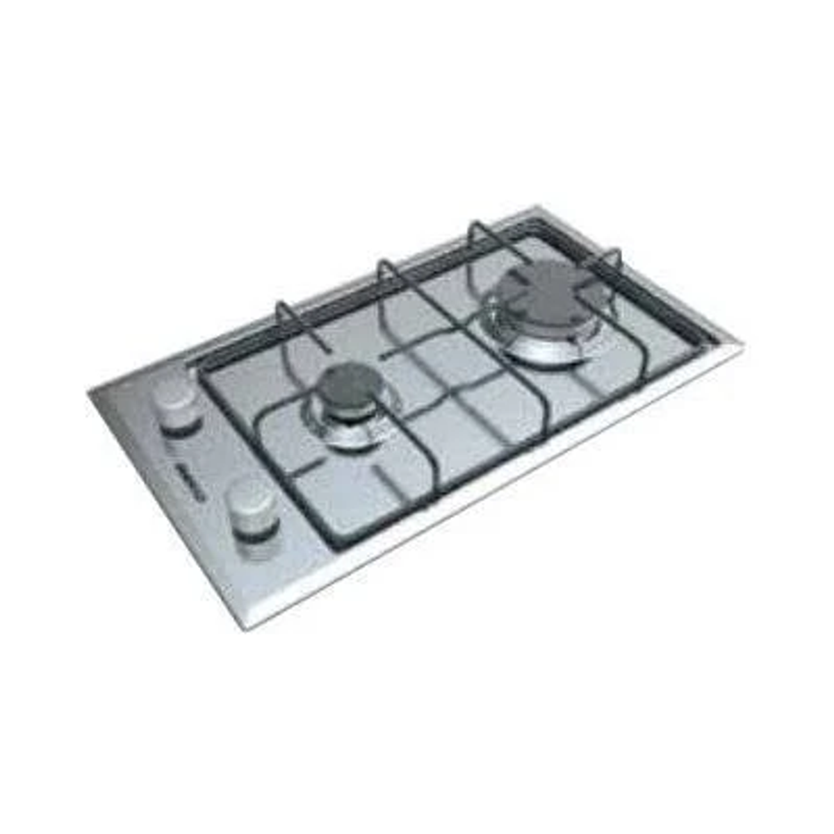 Encimera de gas de acero inoxidable con dos quemadores y mandos. Aislado sobre fondo blanco.
