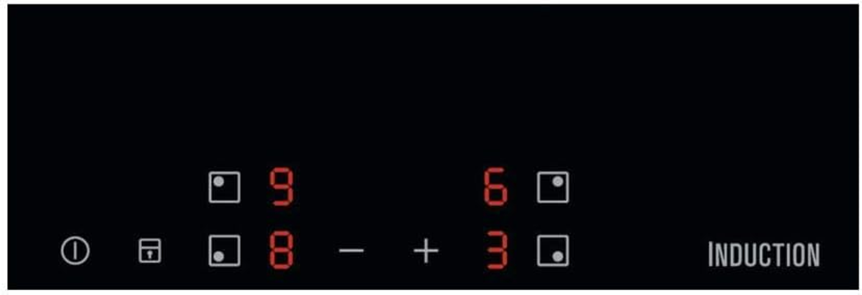 Zbliżenie na elementy sterowania płytą indukcyjną z czerwonymi cyframi i symbolami cyfrowymi.