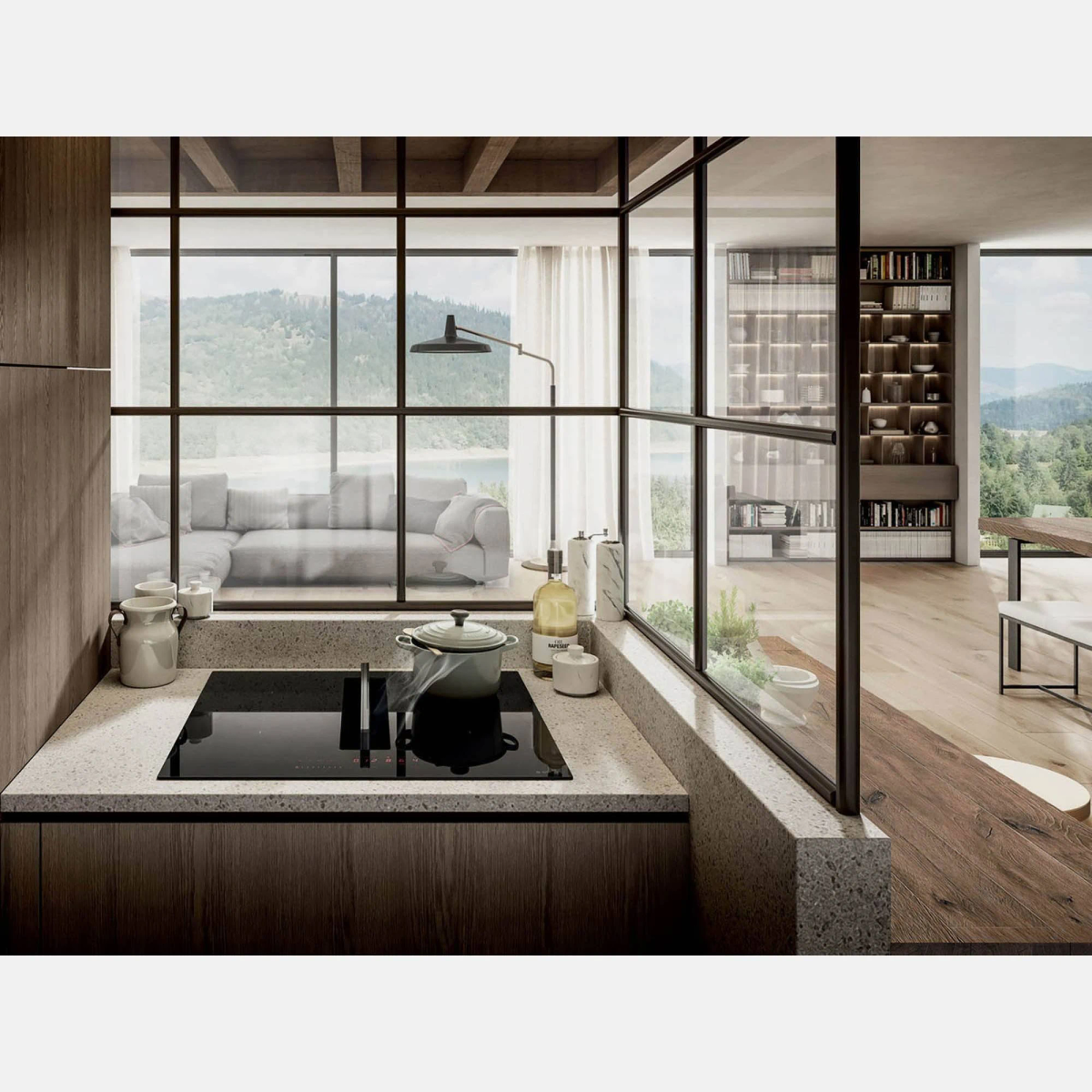 Nowoczesne wnętrze kuchni z blatem, garnkiem na kuchence i widokiem na zewnątrz.