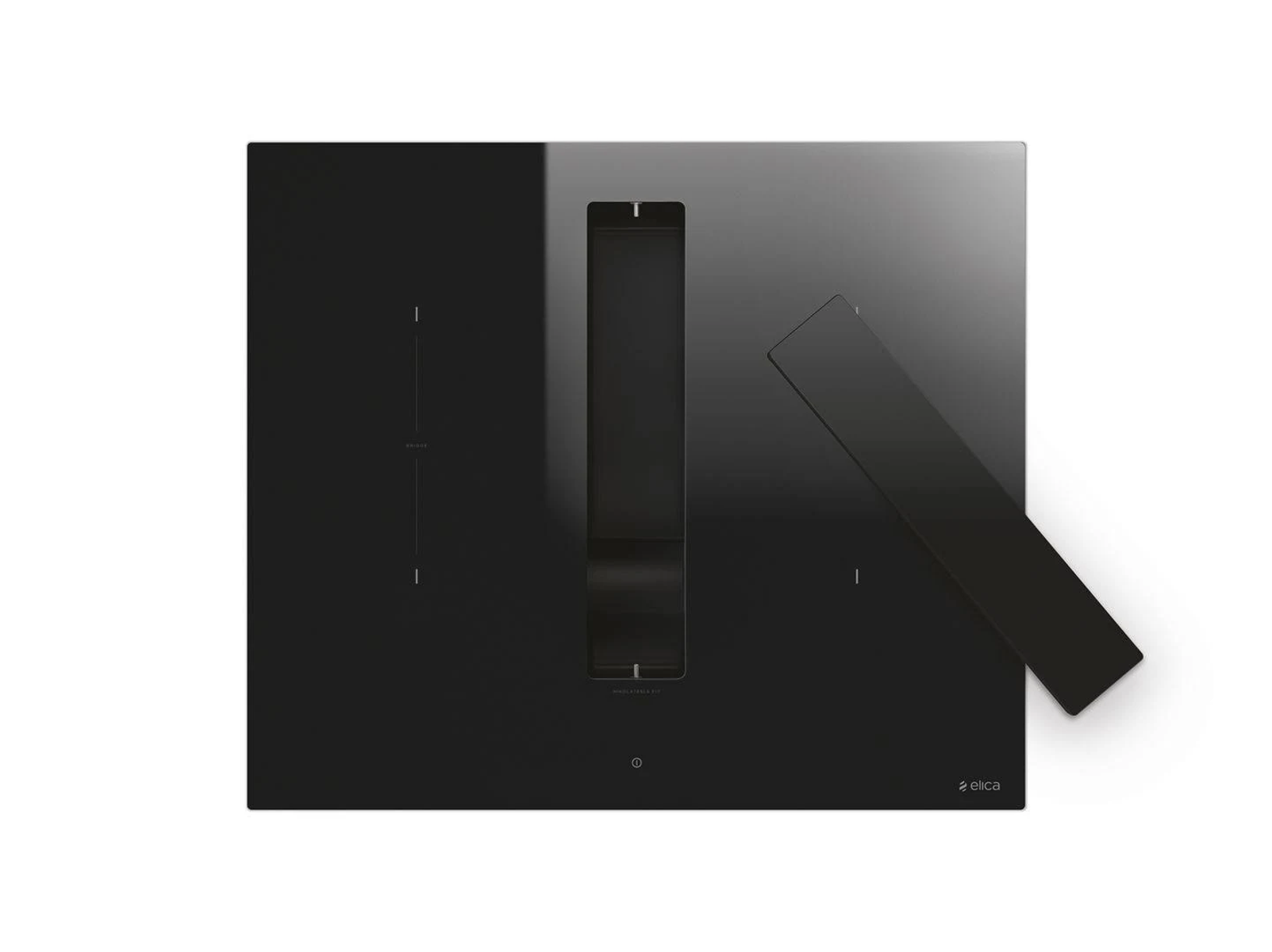 Czarna płyta grzewcza z centralnym wentylatorem i czarnym prostokątnym panelem. Marka to Elica.