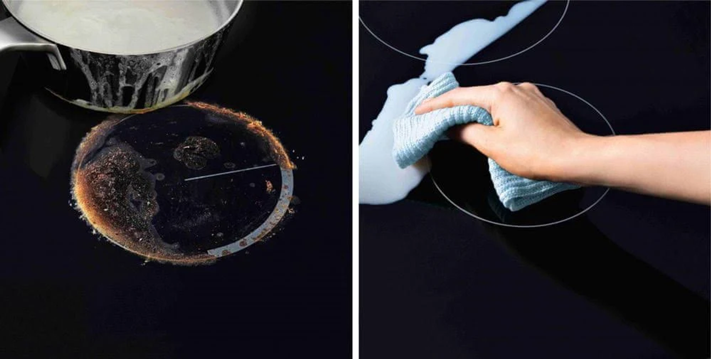 Due immagini: piano cottura bruciato, poi mano che lo pulisce con un panno.