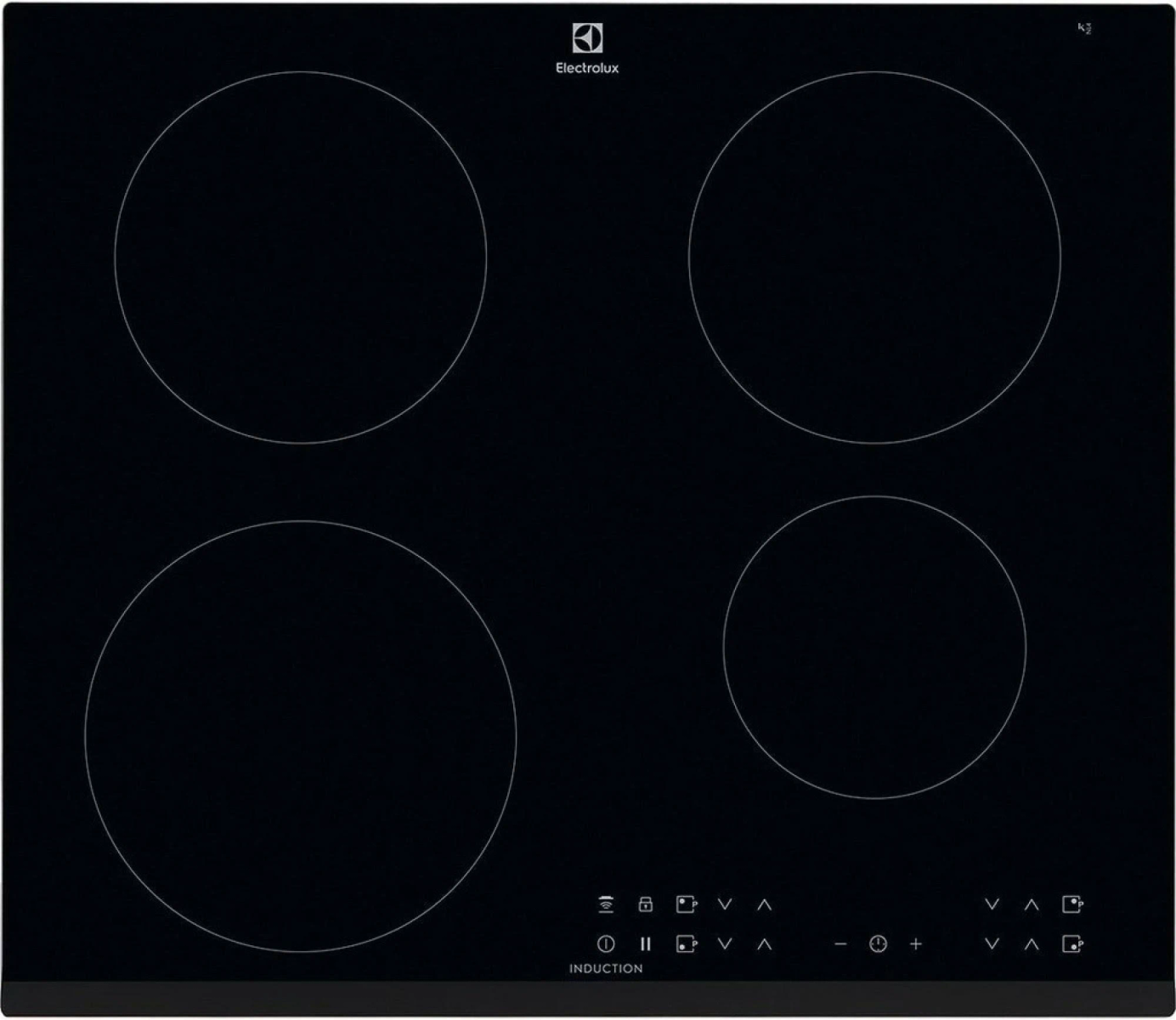 Piano cottura a induzione nero con quattro zone di cottura circolari. Logo Electrolux e icone di controllo visibili.