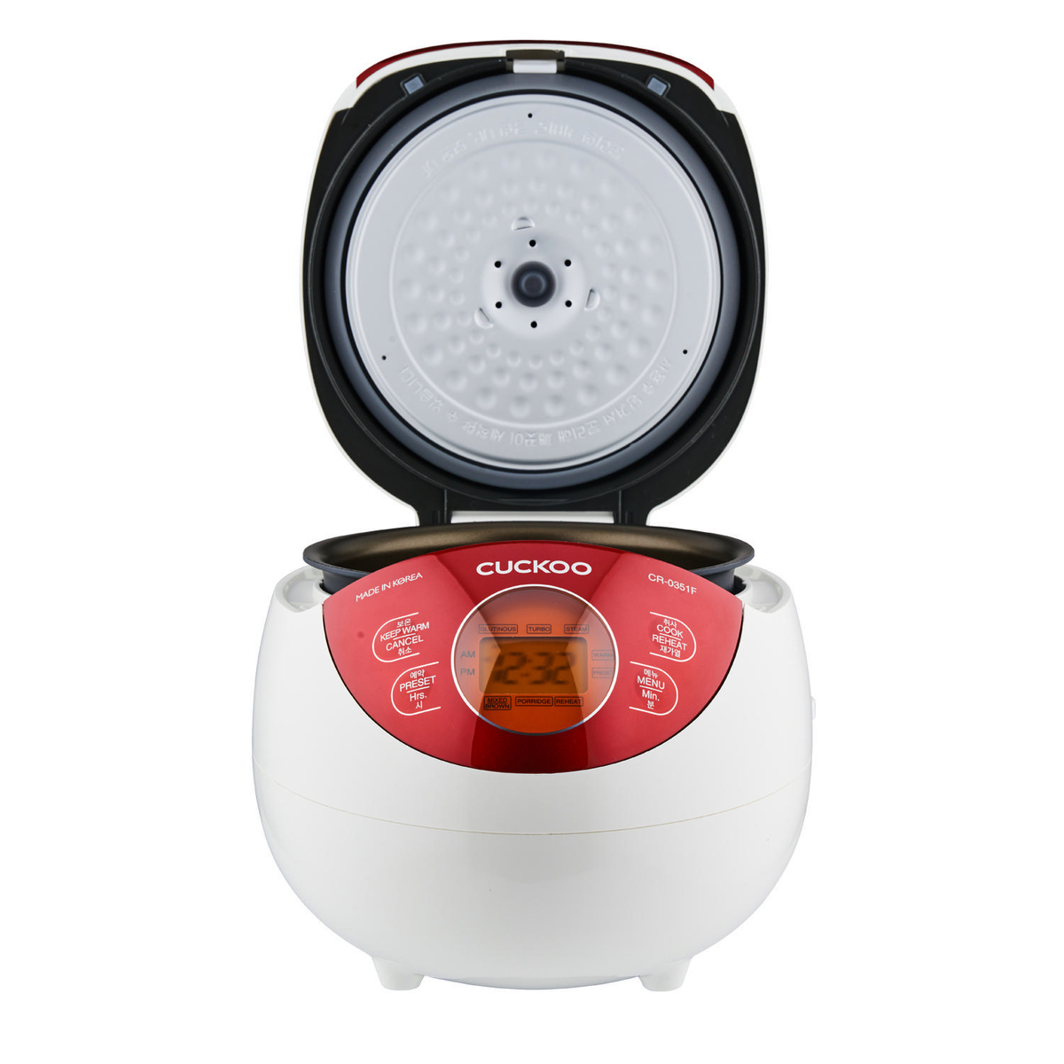 Biało-czerwony garnek do gotowania ryżu z otwartą pokrywką, pokazujący wewnętrzny garnek i panel sterowania.