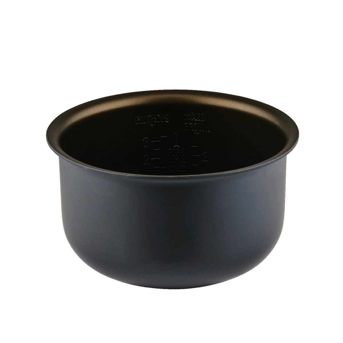 Zbliżenie czarnego garnka wewnętrznego do ryżu z oznaczeniami pomiarowymi wewnątrz. Ma złoty rant.