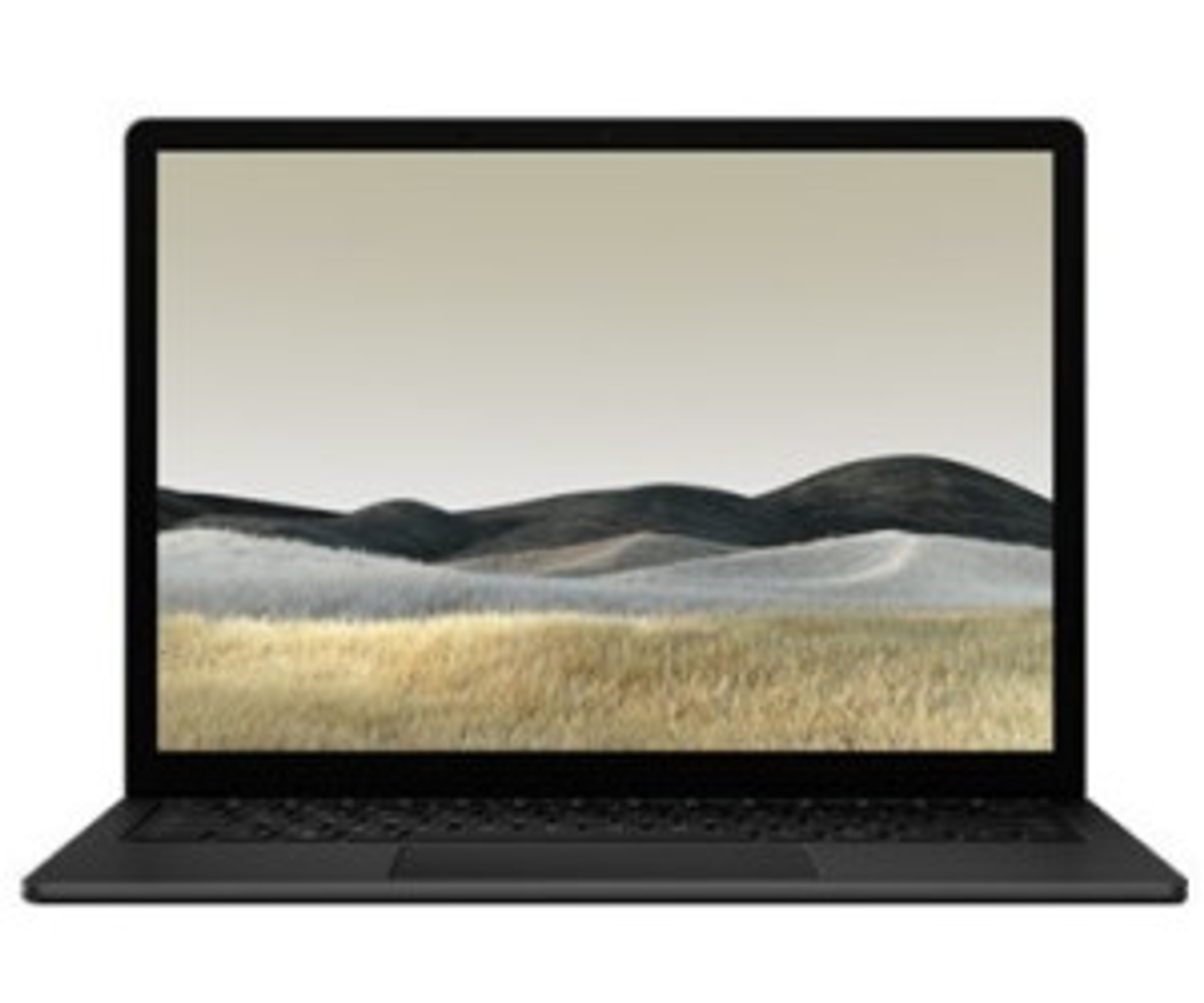 Schwarzer Laptop mit Landschaftsbild auf dem Bildschirm. Geöffnet auf weißem Hintergrund.