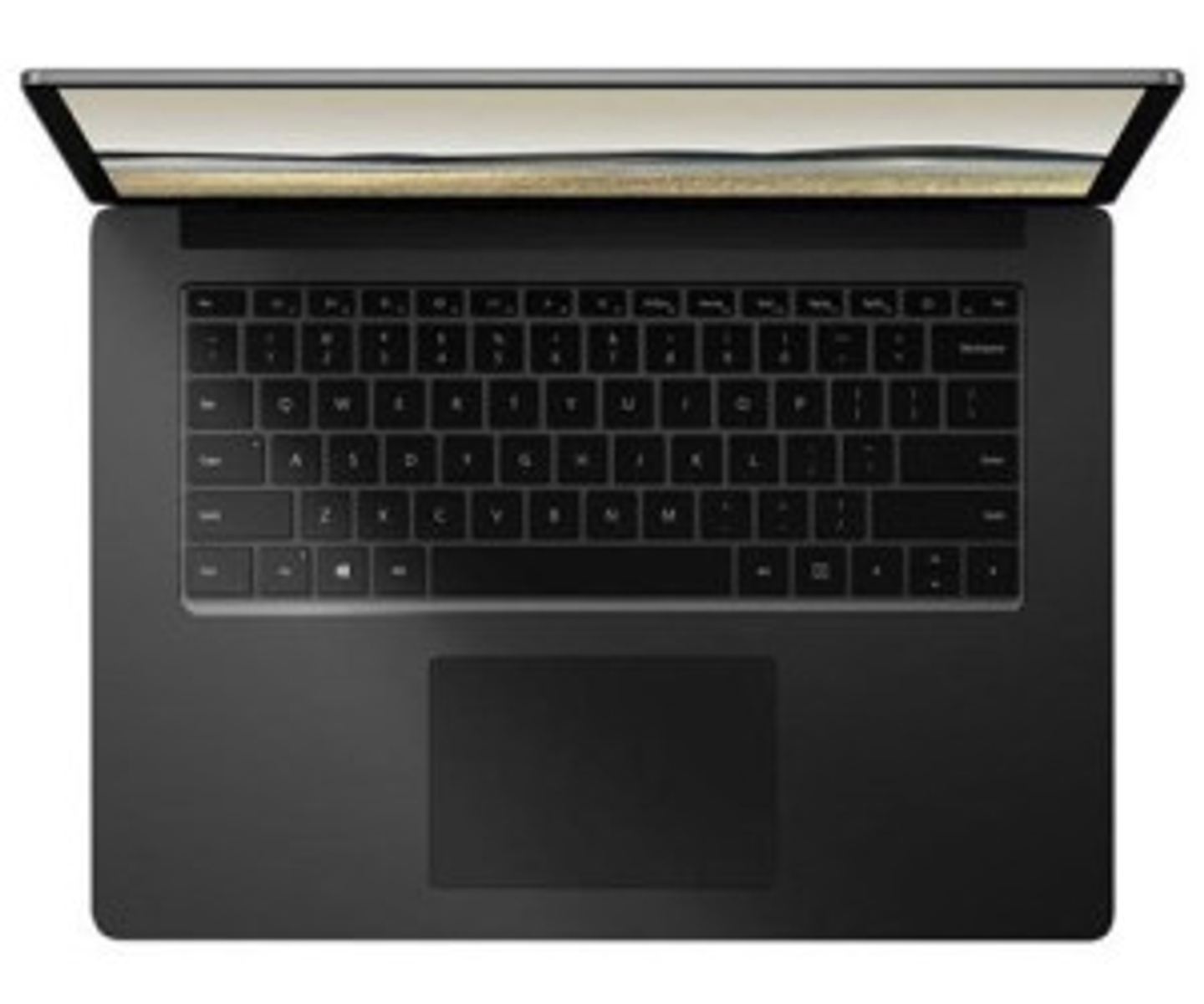 Schwarzer Laptop mit offenem Bildschirm. Tastatur und Touchpad sind von oben sichtbar.