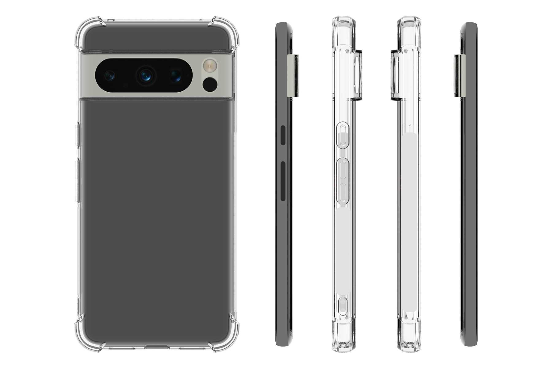 Schutzhülle für das Telefon. Rückseite dunkelgrau, Seiten klar. Kamera und Knöpfe des Telefons sichtbar.