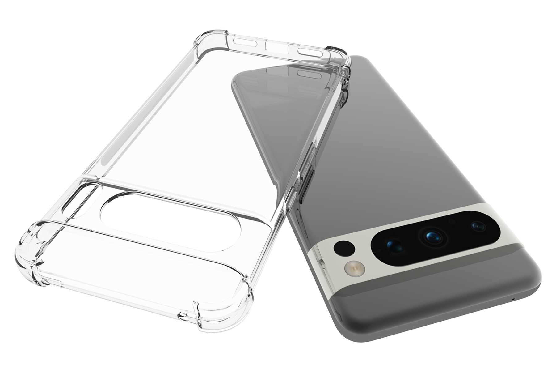 Transparente Handyhülle und ein graues Telefon mit Kamera, weißer Hintergrund.