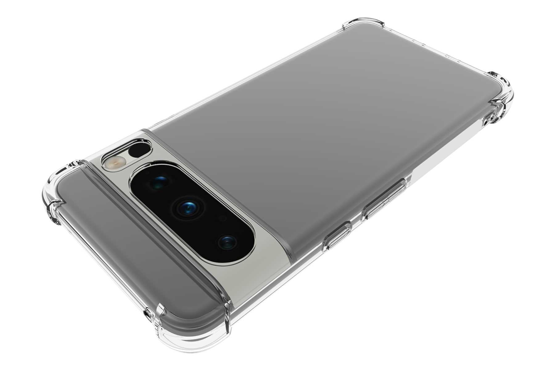 Eine transparente Handyhülle bedeckt ein Smartphone, Kameras sichtbar, für die Präsentation.