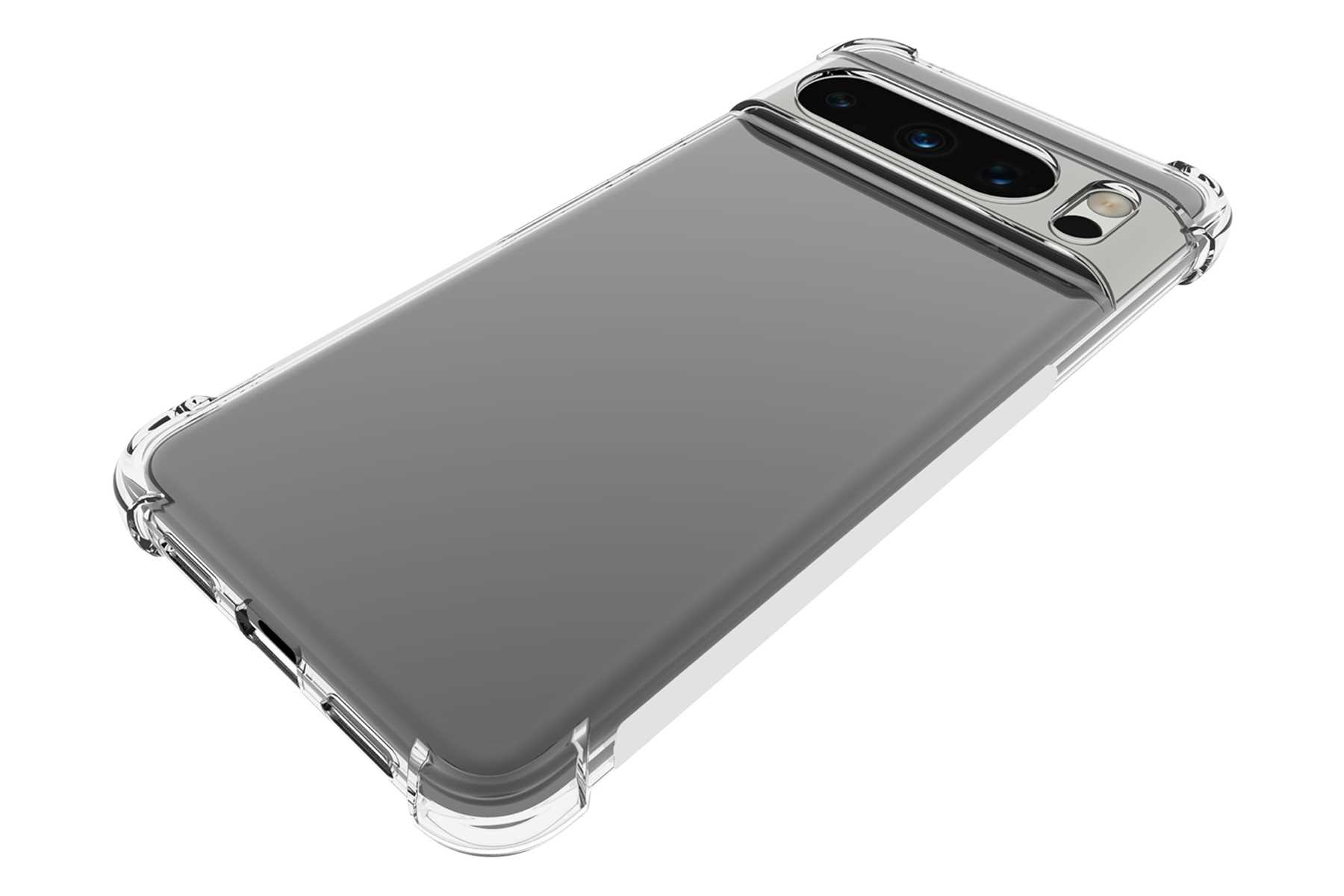 Eine transparente Handyhülle mit grauem Rücken. Auf weißer Oberfläche, Kameras des Telefons sichtbar.