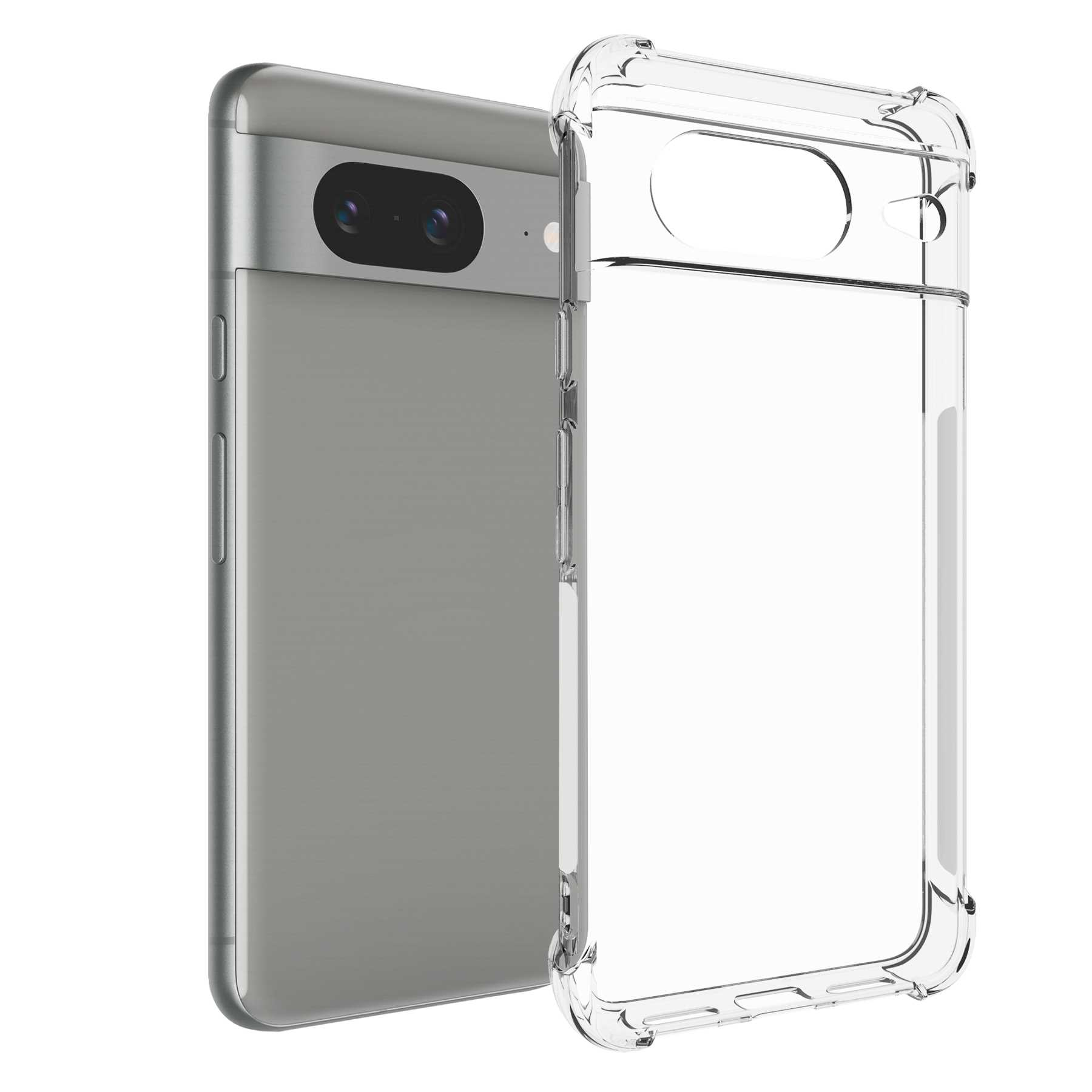 Graues Telefon mit klarer Hülle. Duale Kamera. Weißer Hintergrund.