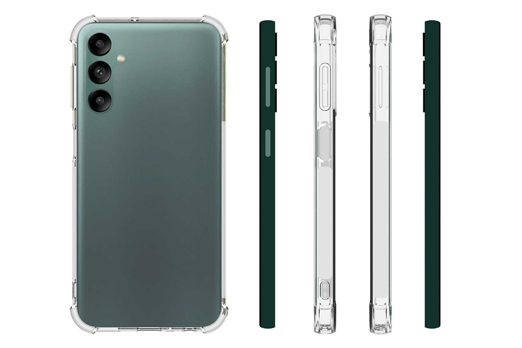 Grünes Smartphone mit durchsichtiger Hülle. Mehrere Ansichten, Rückseite, Seiten. Weißer Hintergrund.