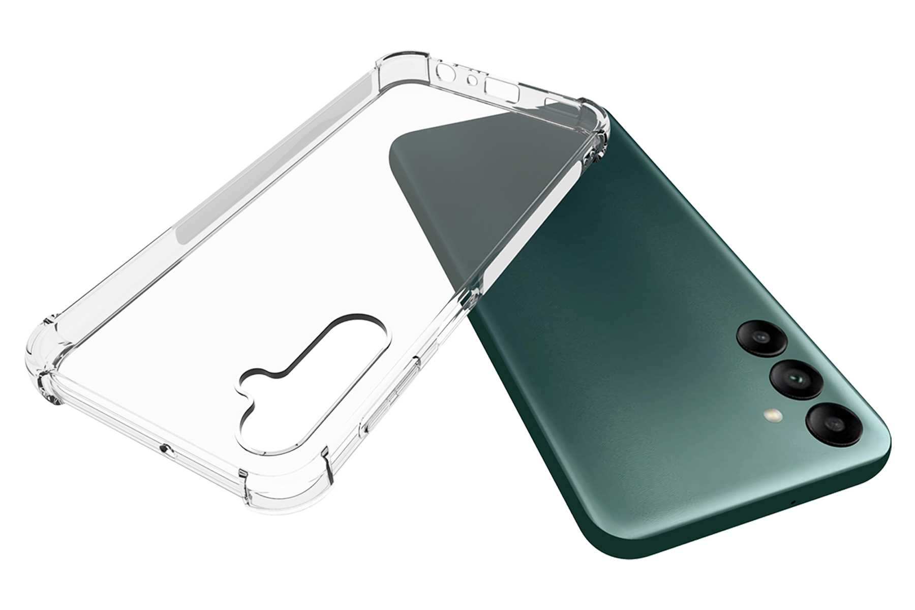 Eine transparente Handyhülle und ein grünes Telefon. Die Hülle ist offen und zeigt die Rückseite des Telefons mit Kameralinsen.