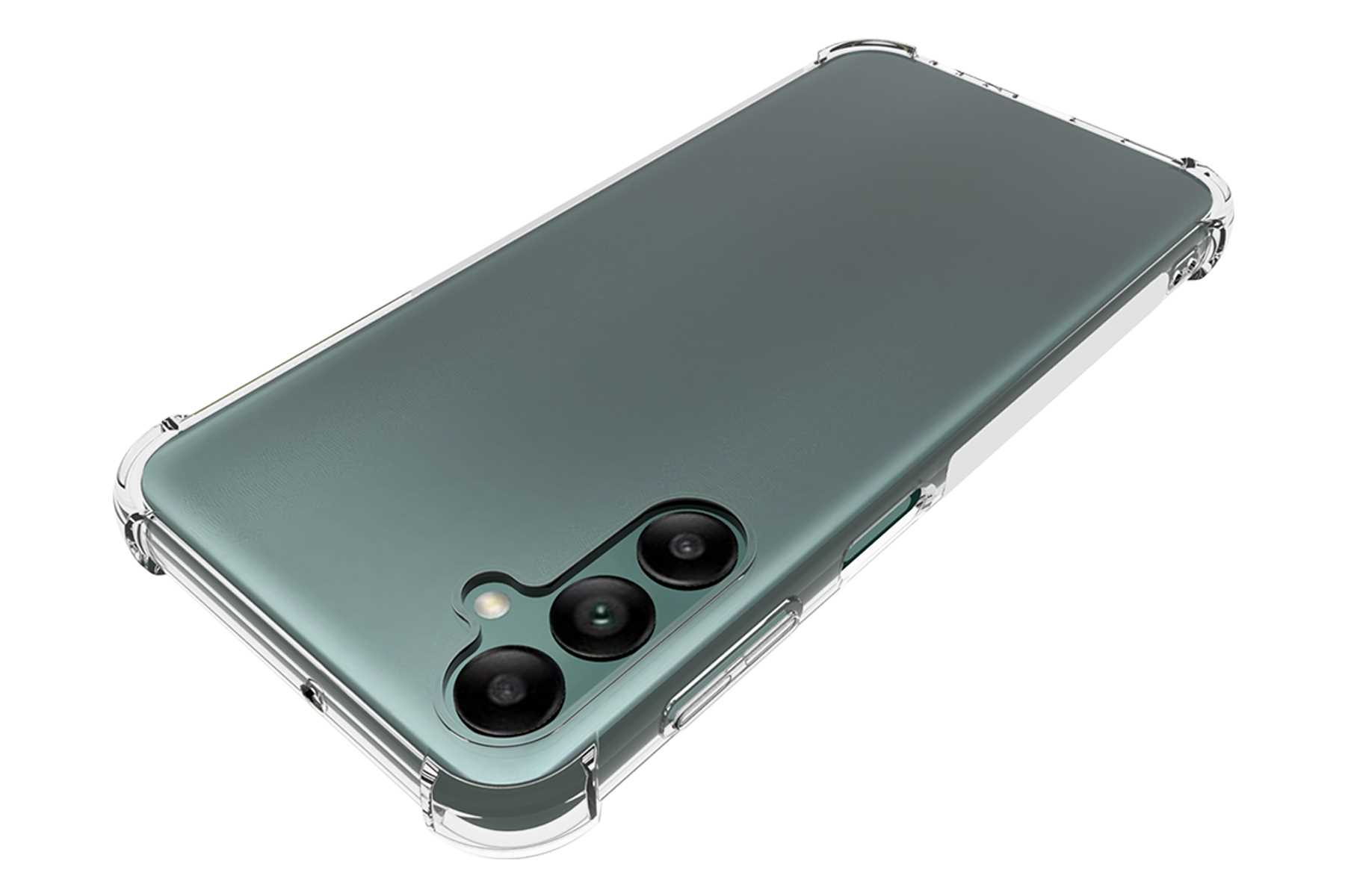 Eine transparente Handyhülle über einem grünen Telefon mit drei Kameras.
