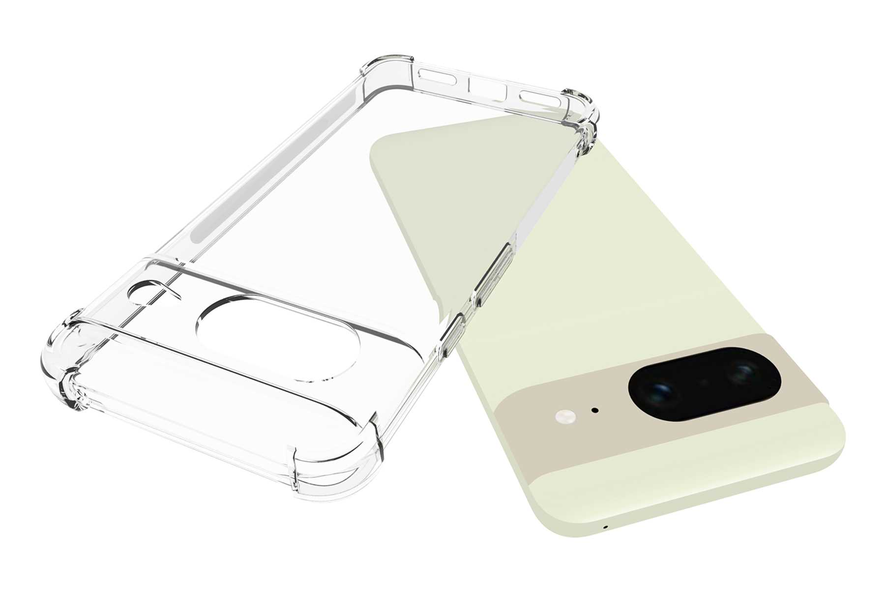 Eine transparente Handyhülle neben einem cremefarbenen Telefon. Die Hülle ist transparent und schützend.
