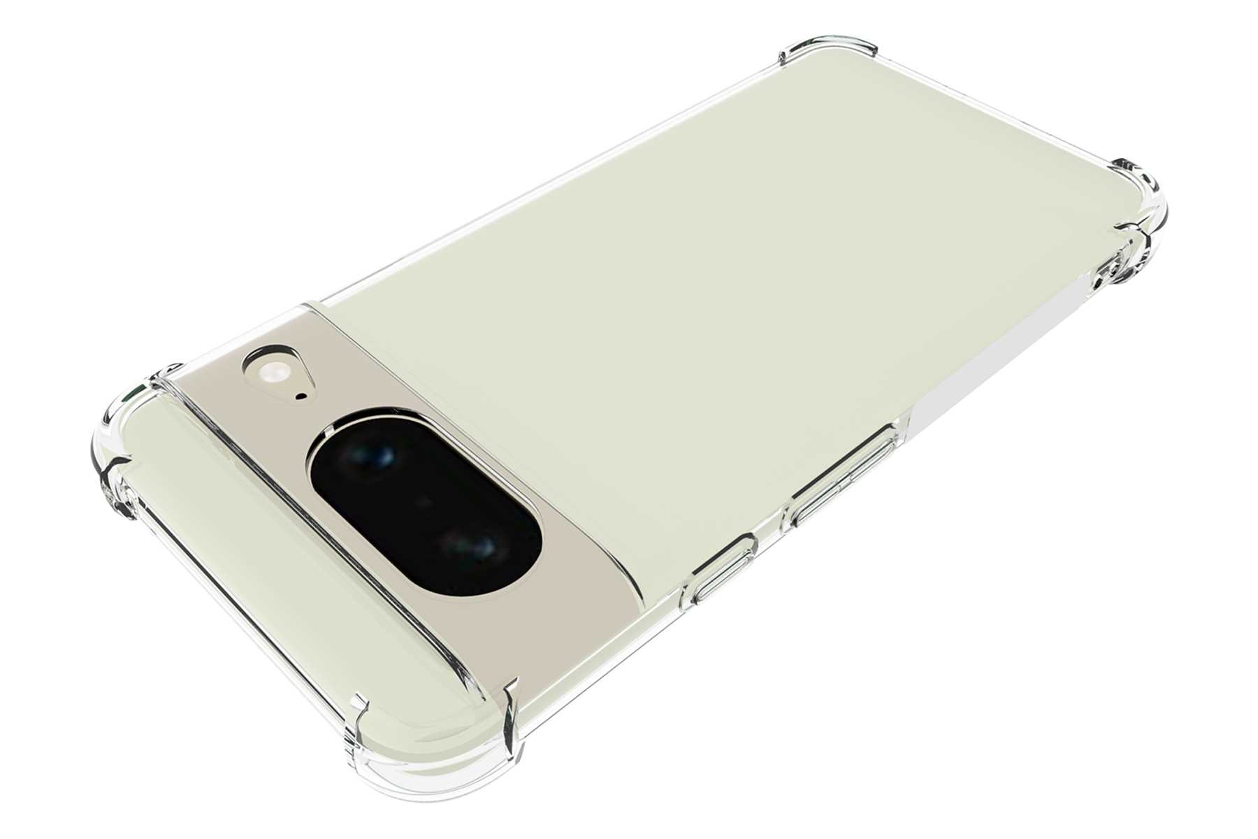 Eine Handyhülle, die das Telefon bedeckt. Die Hülle ist transparent mit Kamera und Blitz.