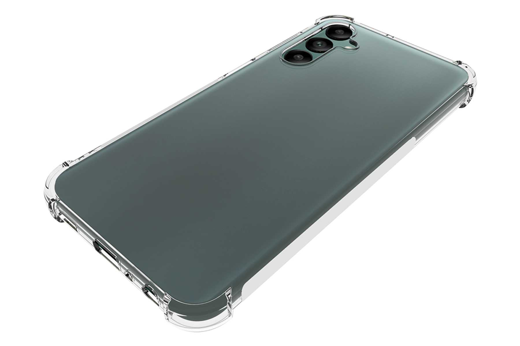 Eine transparente Handyhülle mit einem Telefon darin, das eine Kamerawölbung zeigt.