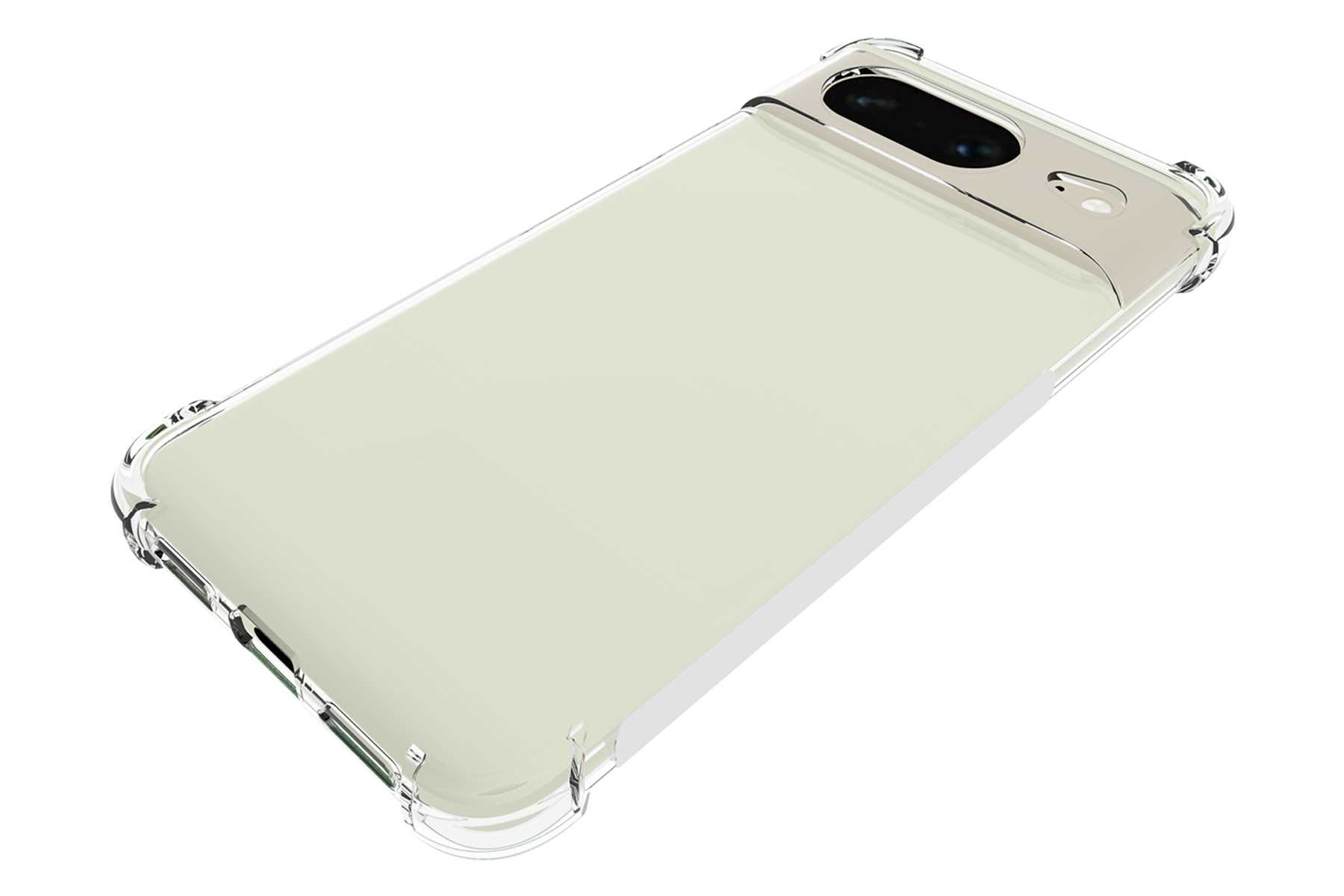 Weißes Handy in klarer Schutzhülle. Kamera und Rahmen in Silber.