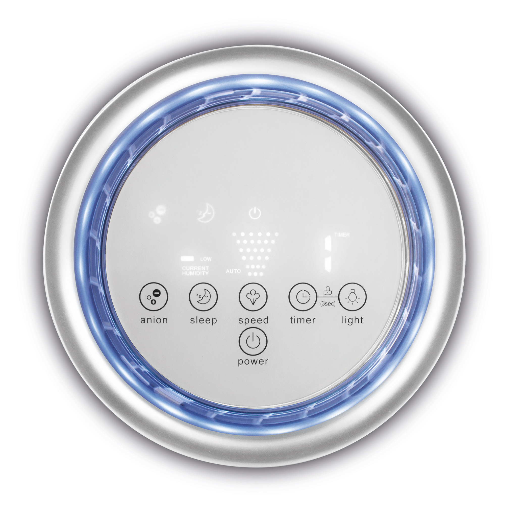 Pannello di controllo rotondo e argentato del purificatore d'aria con luce blu e icone.