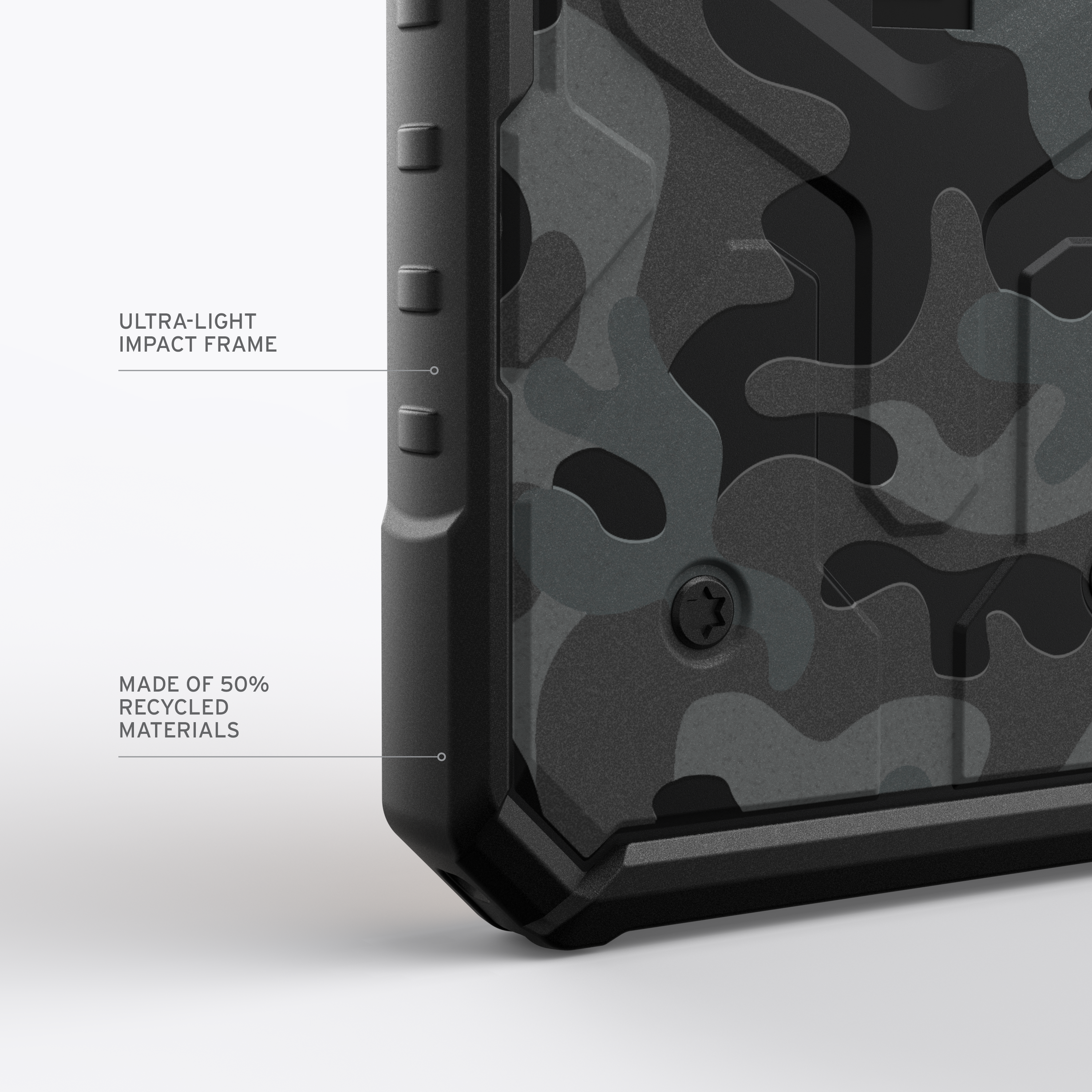 Nahaufnahme einer schwarzen Handyhülle mit Camouflage-Design und Textetiketten.