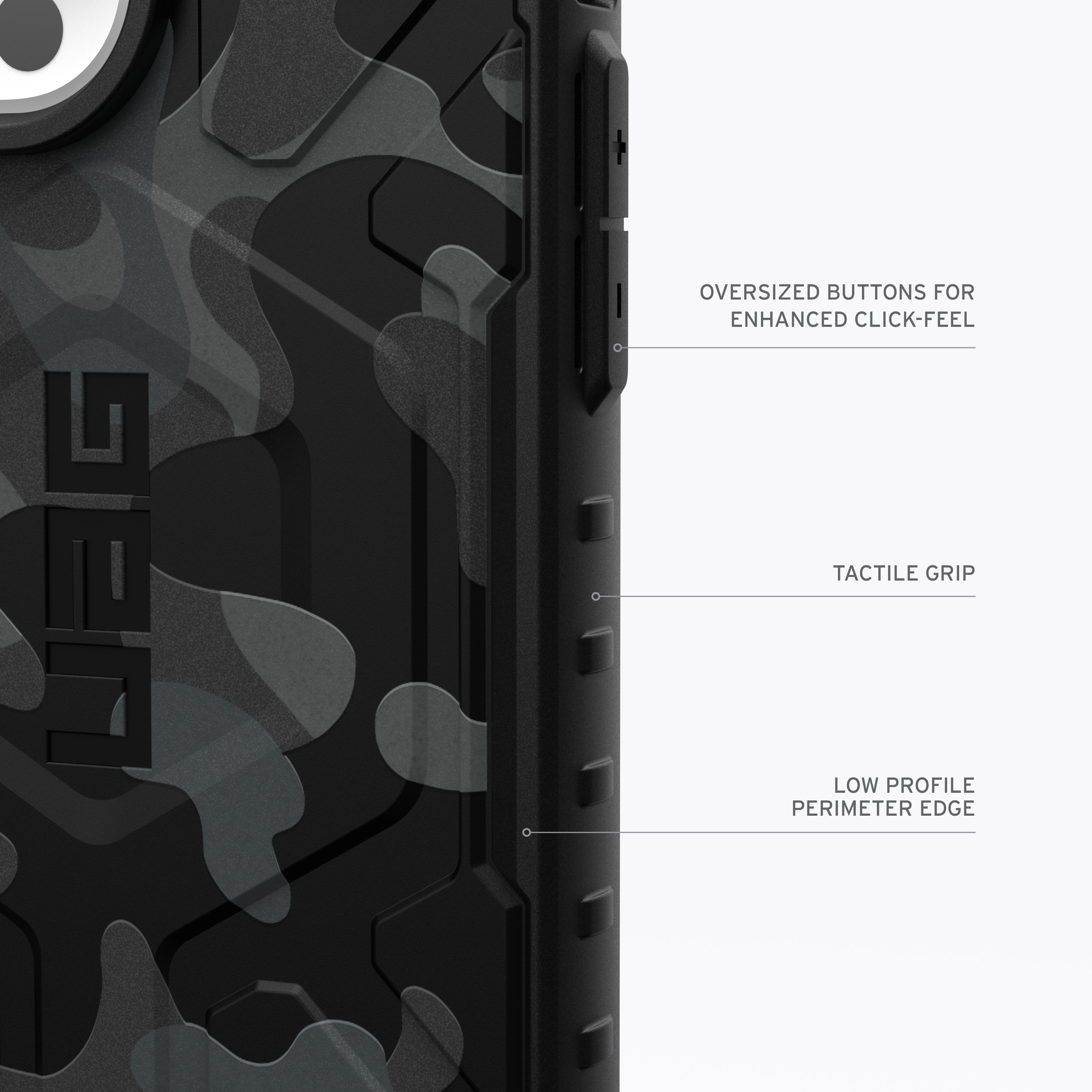 Schwarze Handyhülle mit grauem Camouflage-Muster und Textbeschriftungen. Verfügt über einen taktilen Griff.