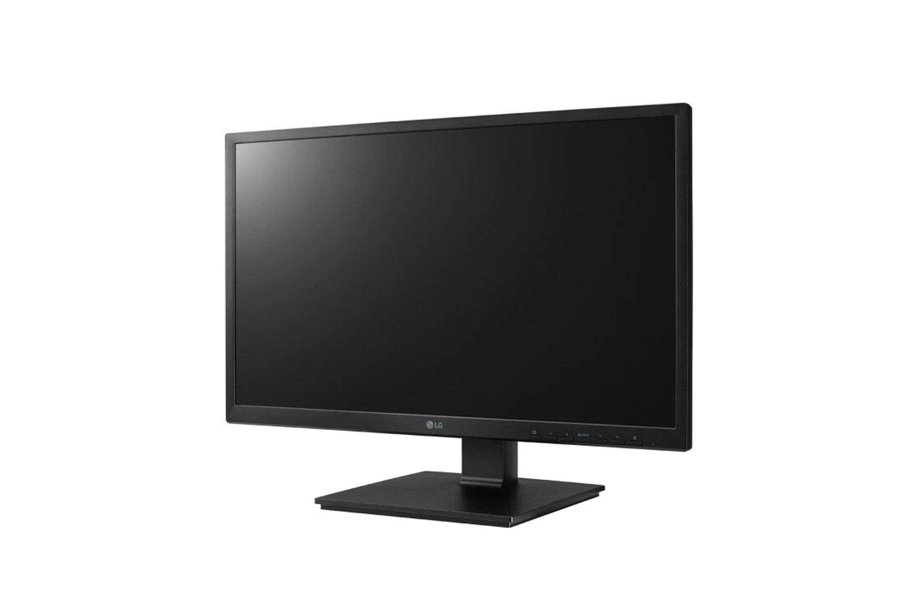 Monitor del computer nero con supporto nero. Il logo LG è visibile.