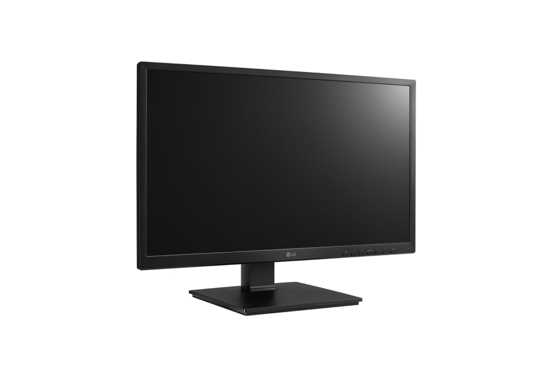 Monitor per computer nero con base nera, angolato verso destra.