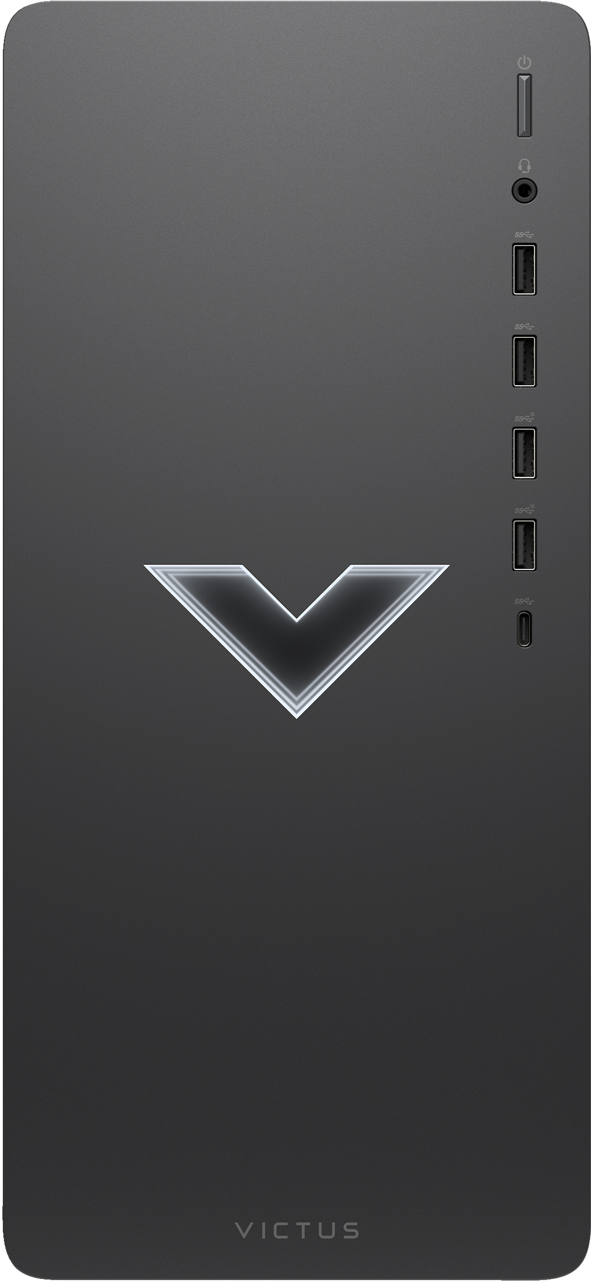 Czarna obudowa komputera z logo w kształcie litery V i portami.
