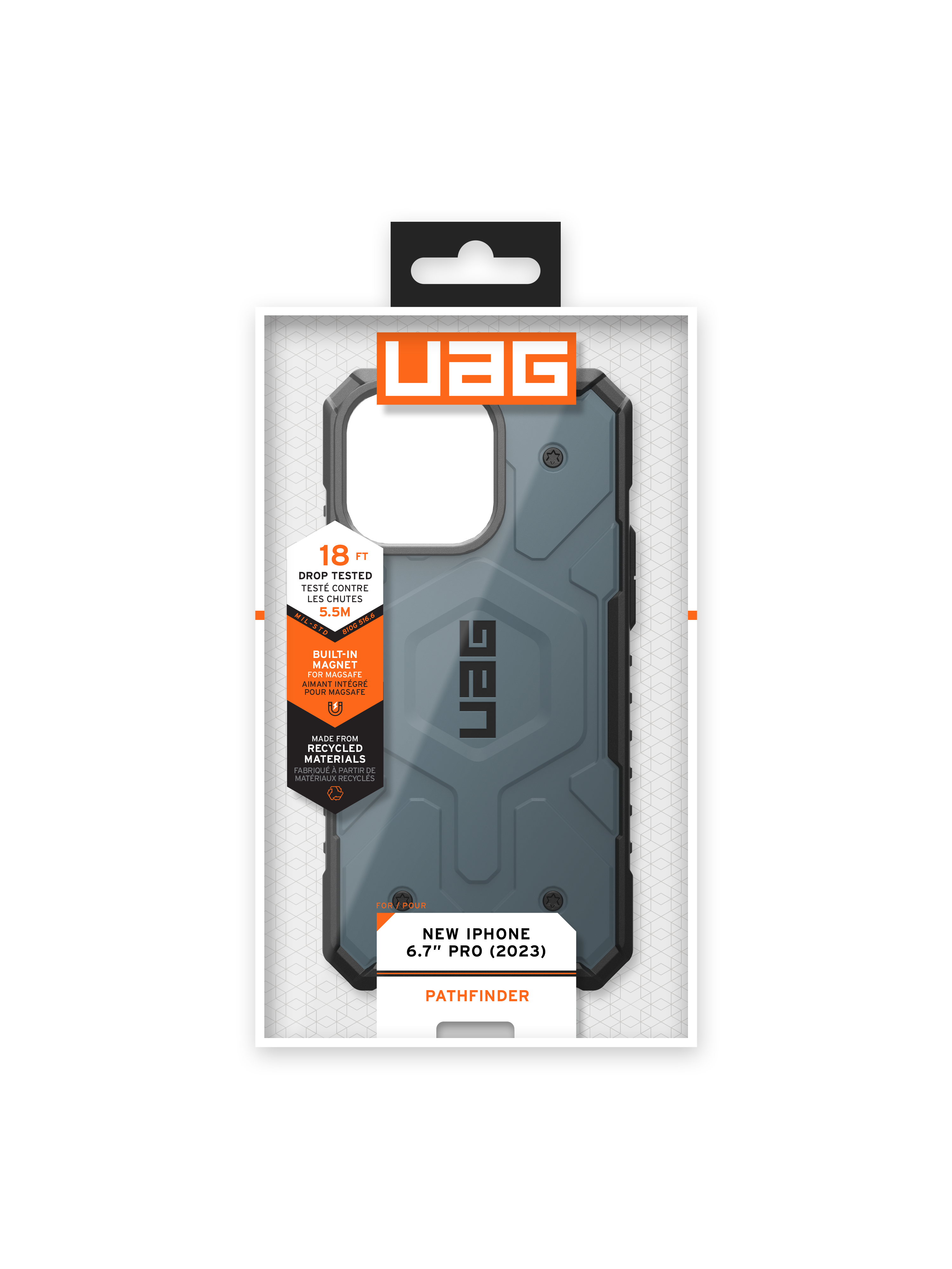 Telefonhüllenverpackung mit einer blau-grauen Hülle. Text weist auf ein neues iPhone Pro (2023) hin.