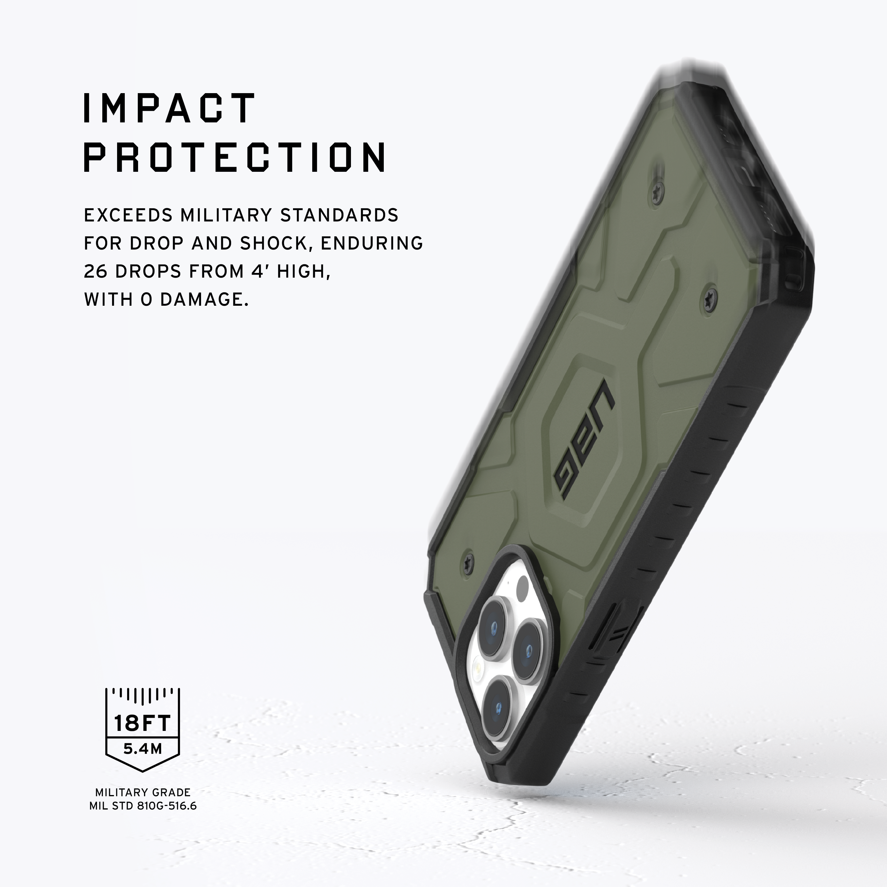 Grüne Handyhülle mit schwarzem Rahmen. Text: IMPACT PROTECTION.