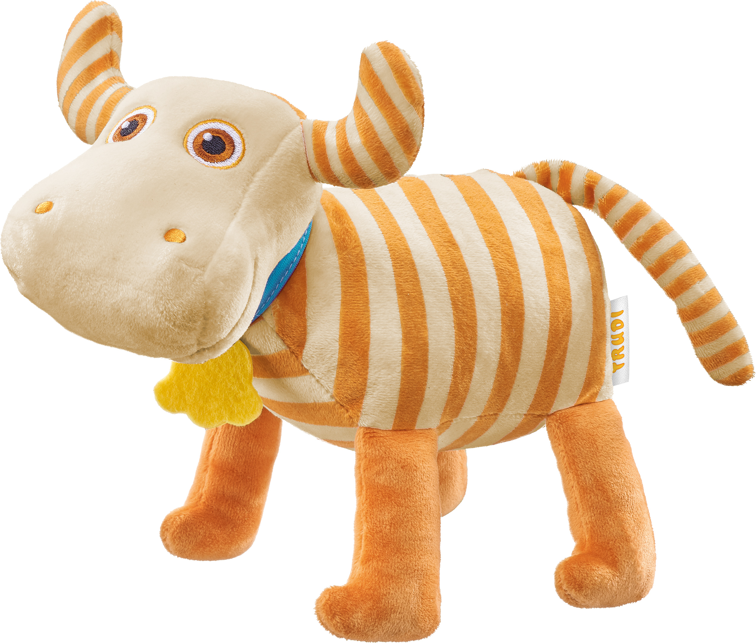 Kuh Plüschtier mit orangefarbenen Streifen. Es hat eine gelbe Glocke und einen blauen Kragen.