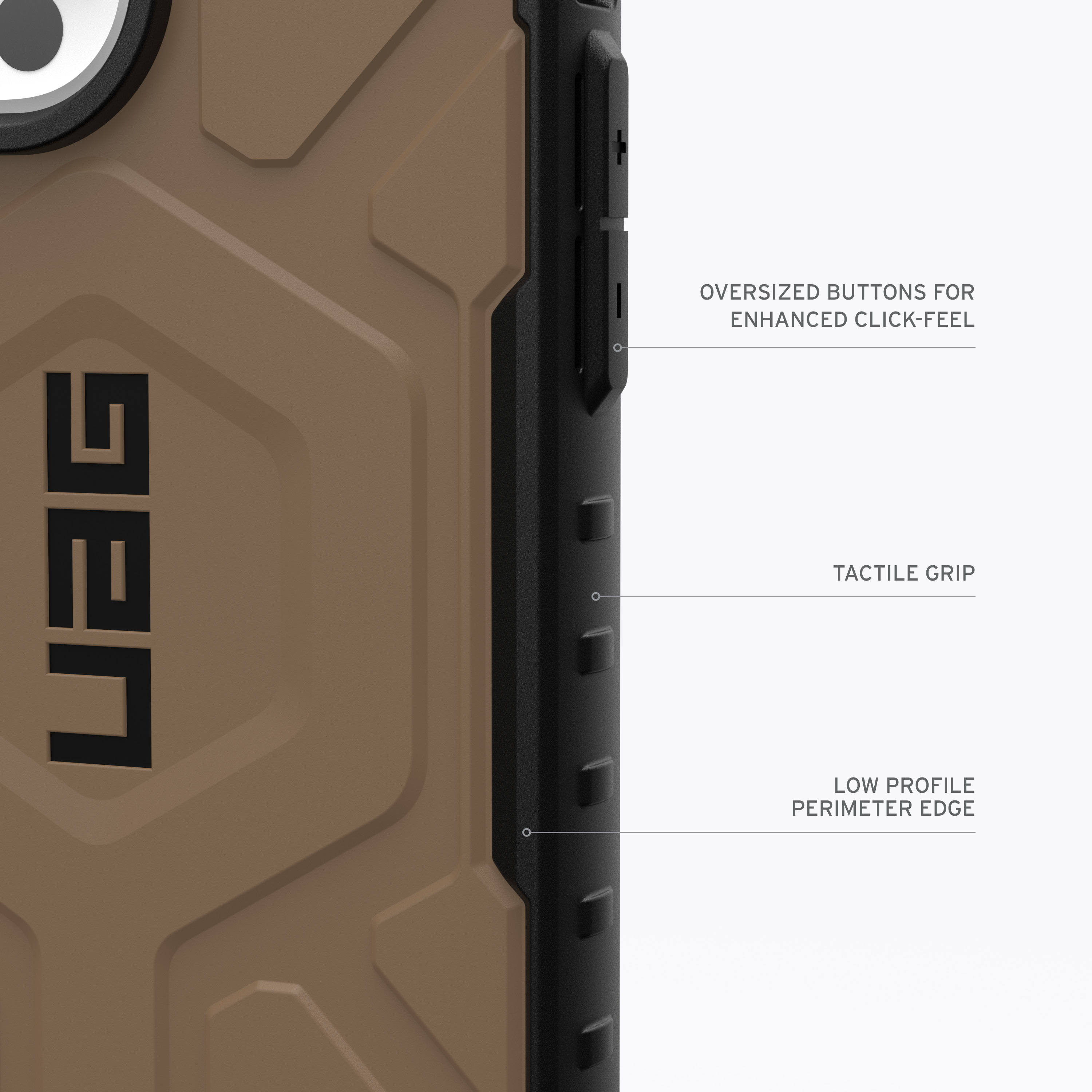 Nahaufnahme einer Handyhülle mit Textetiketten. Es ist braun und schwarz mit einem UAG-Logo.