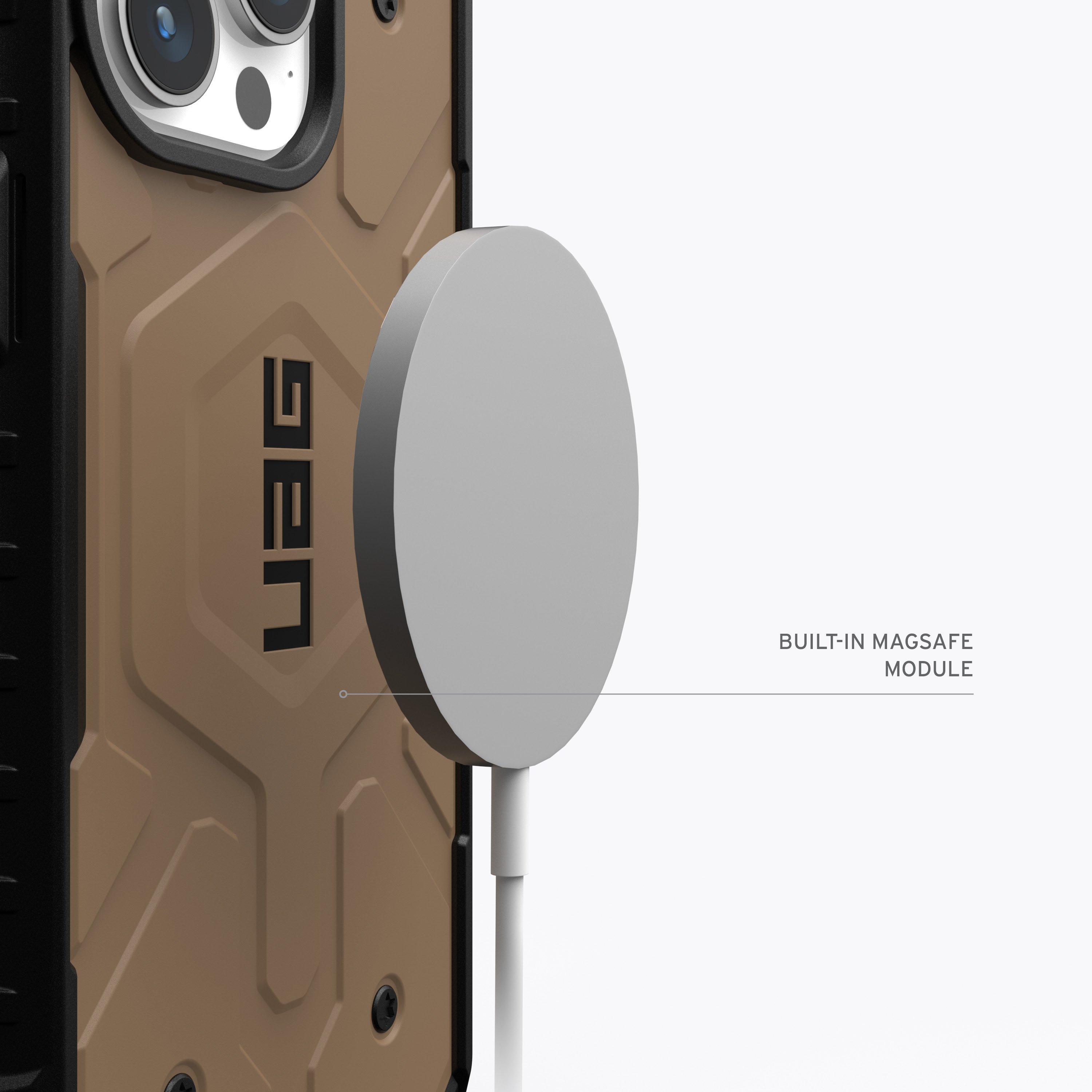 Telefonhülle mit MagSafe. Braun-schwarzes Design. Weißes Lademodul befestigt.
