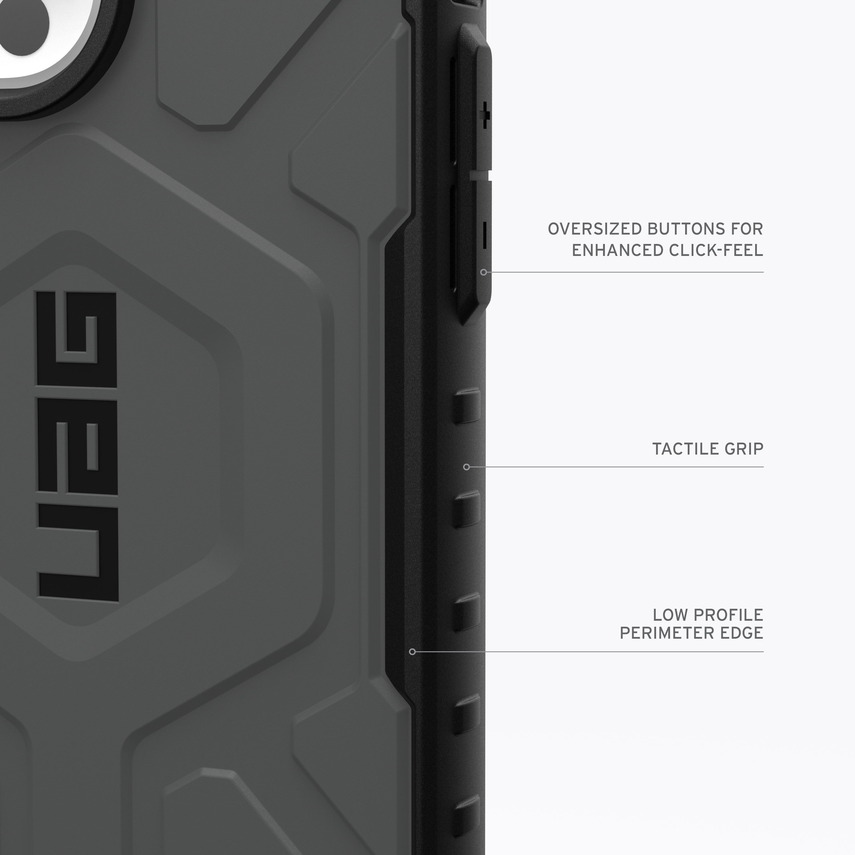 Schwarze Handyhülle mit UAG-Logo. Merkmale: übergroße Tasten, taktile Griffigkeit und ein niedriges Profil.