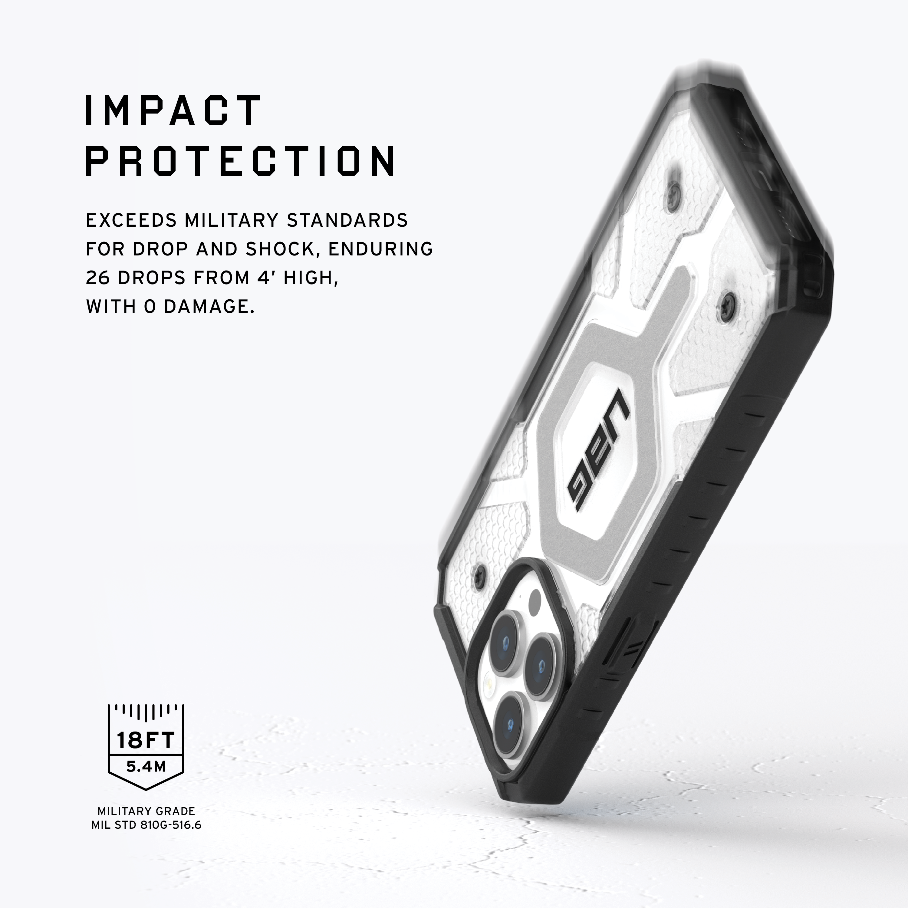 UAG-Handyhülle, schwarz-weißes Design, schräg. Fetter Text: "IMPACT PROTECTION". Militärische Qualität.