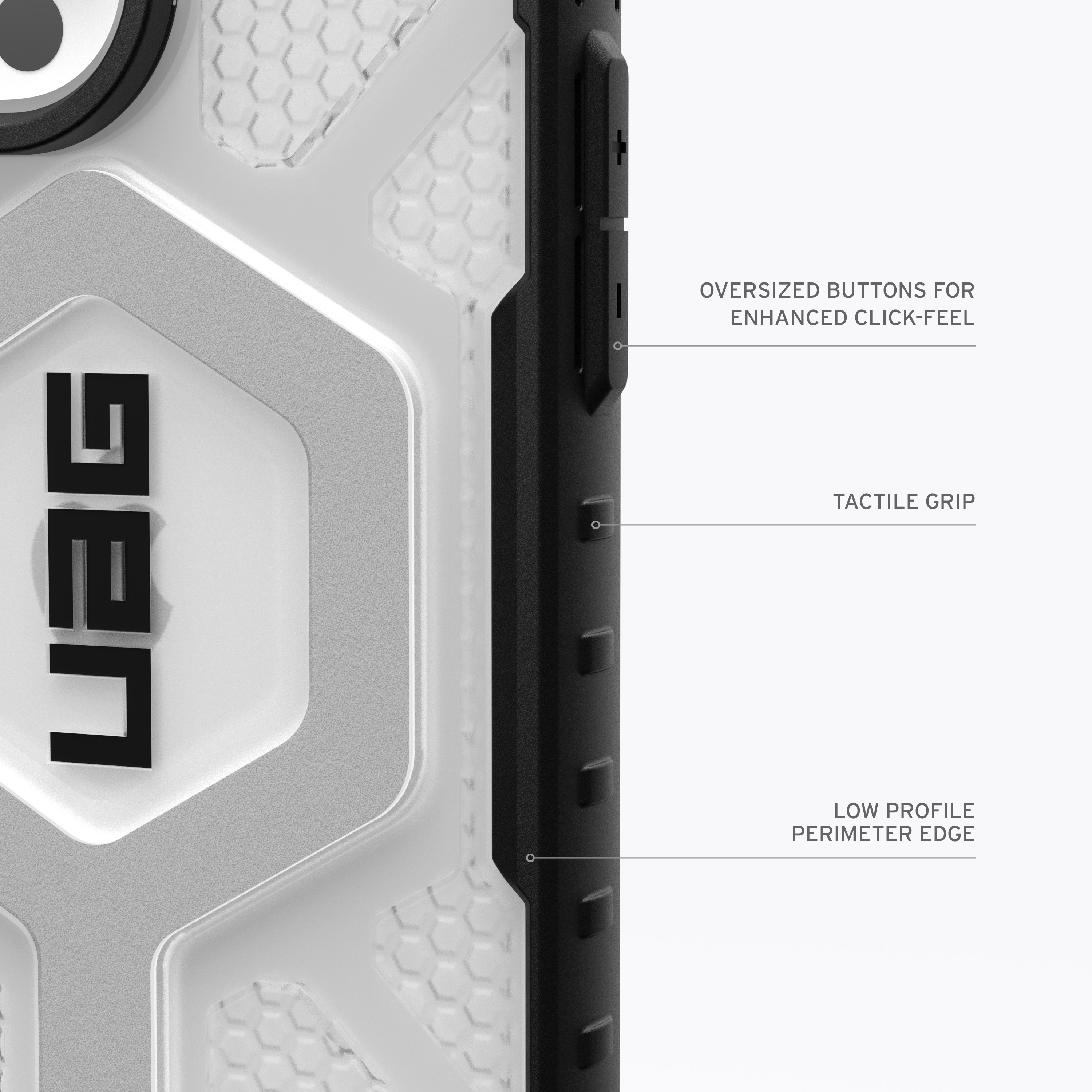 Nahaufnahme einer Handyhülle. Text lautet: Oversized Buttons, Tactile Grip, Low Profile Edge.
