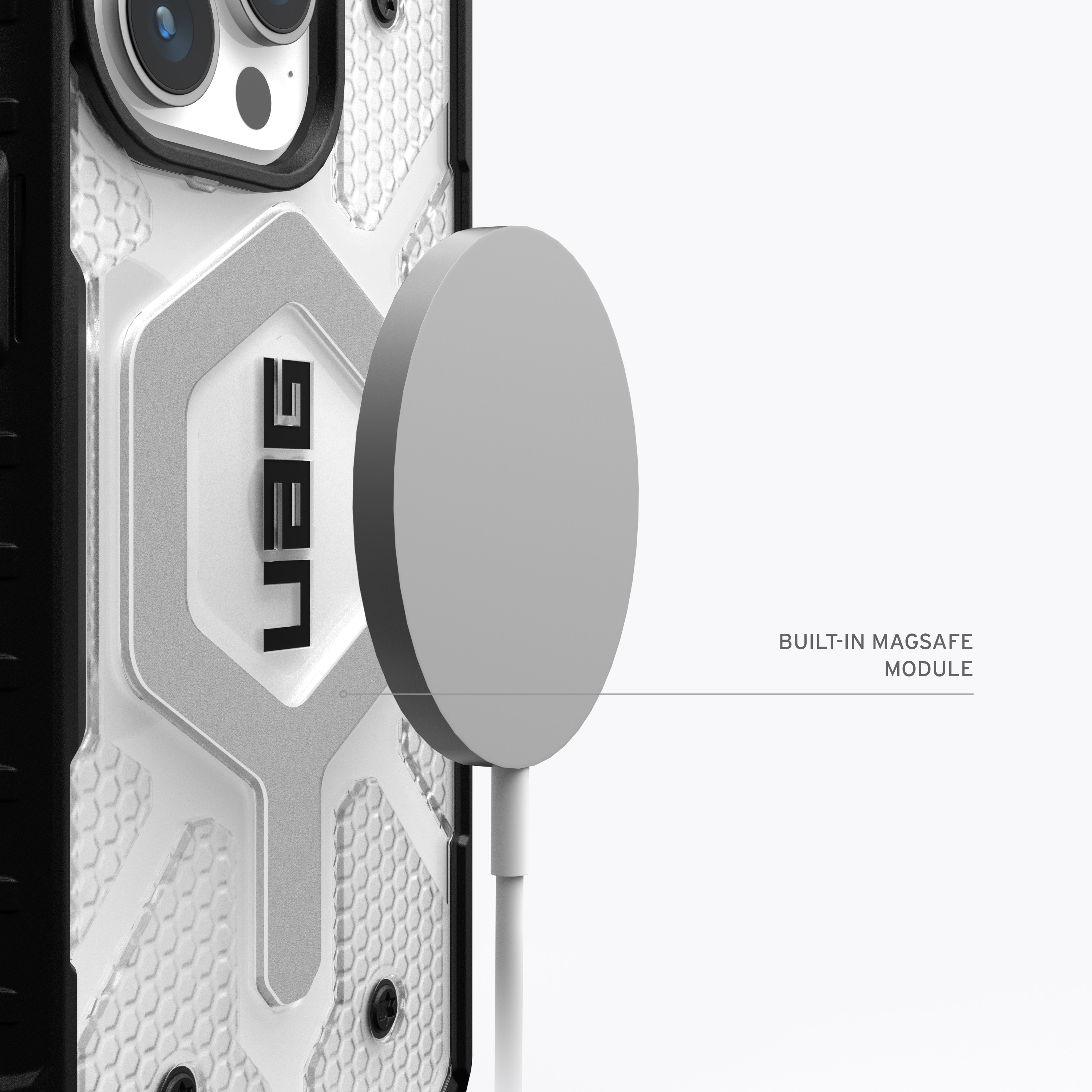 Nahaufnahme einer Handyhülle mit eingebautem MagSafe-Modul, an einem Telefon befestigt.