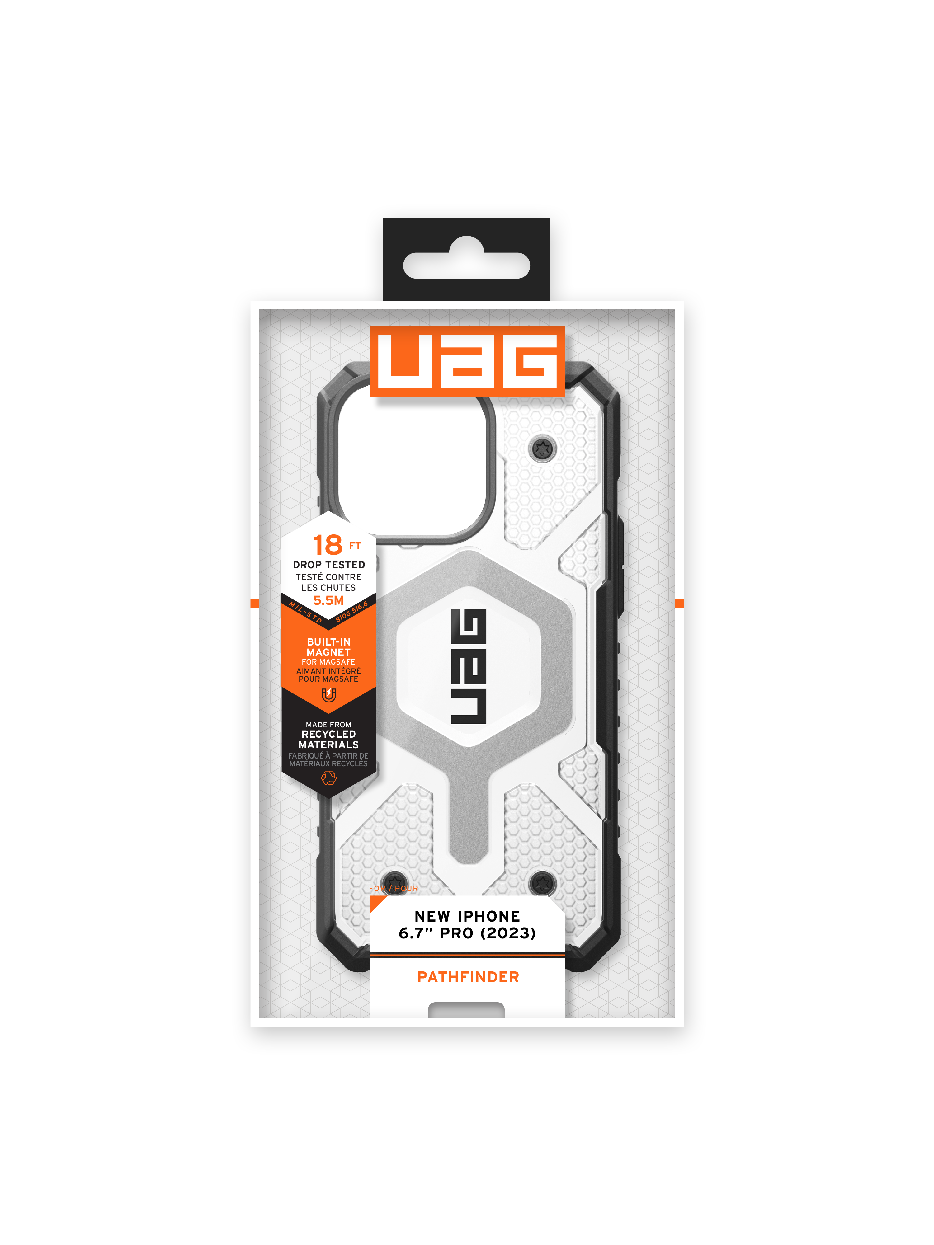 Eine UAG-Handyhülle in ihrer Verpackung. Die Hülle ist weiß, schwarz und grau, mit einem Ausschnitt für die Kamera.